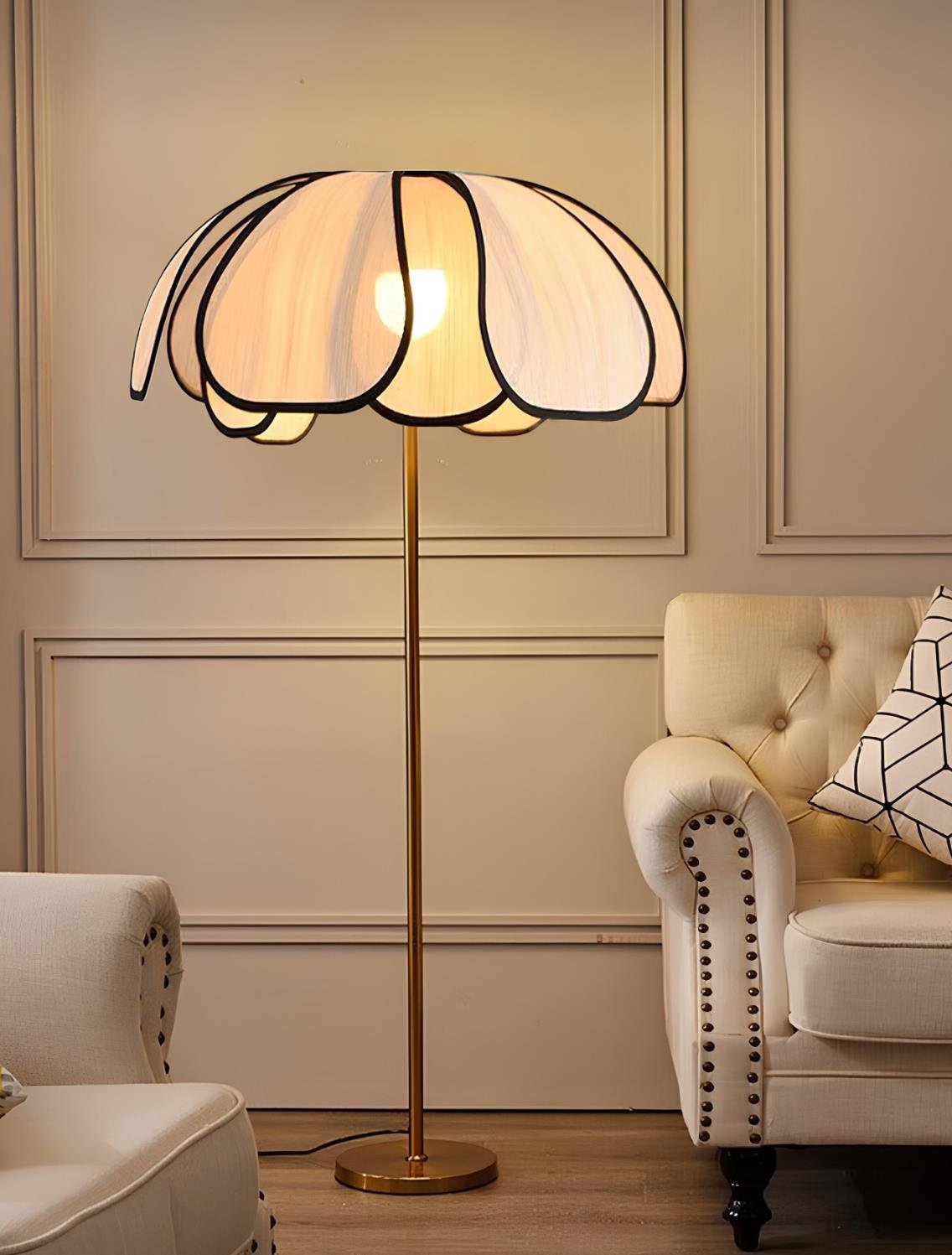 Boheme Modern Tasarım Palm Burenze Dekoratif Lambader Eskitme Gövde Ekru Kumaş Abajur