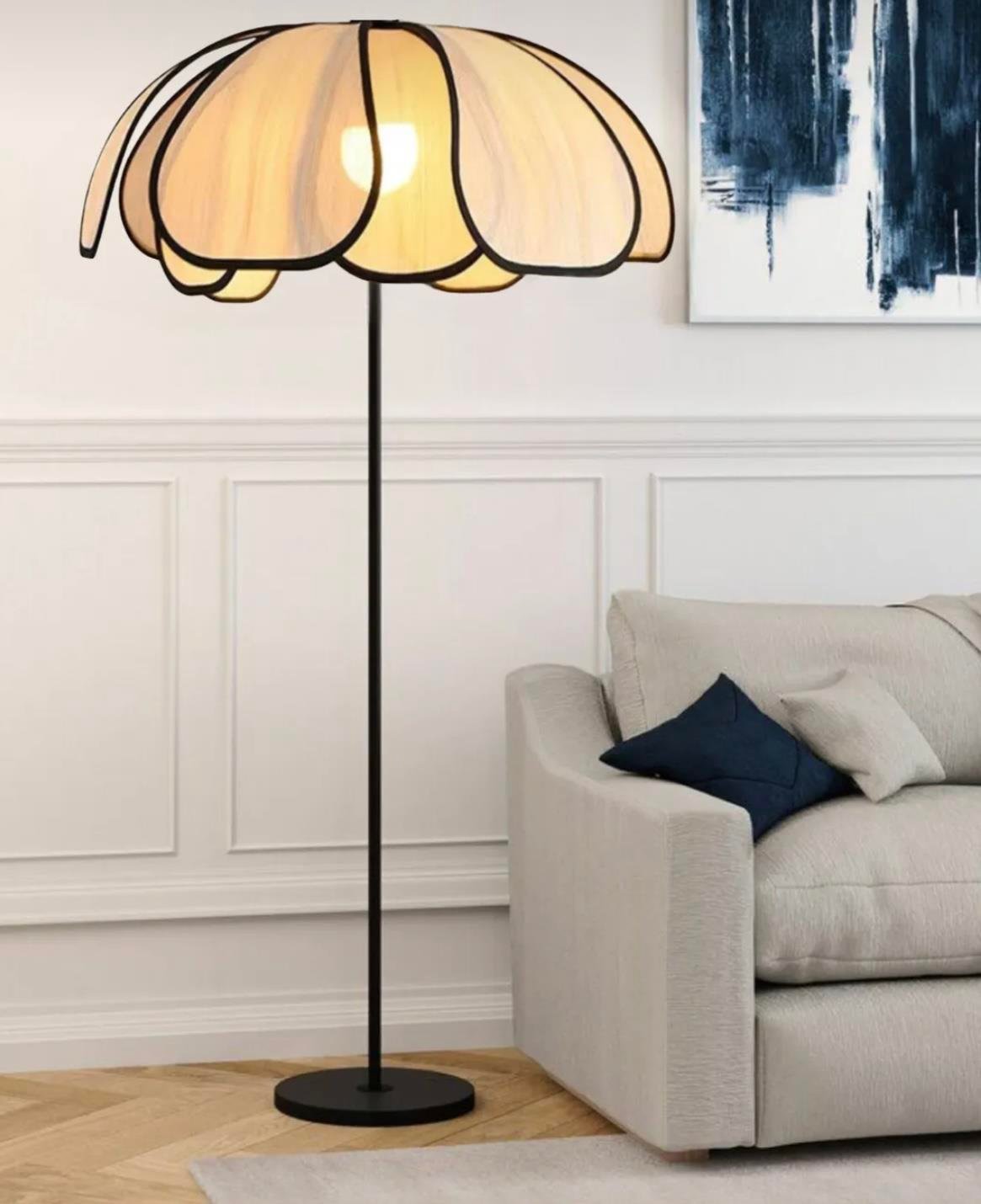 Boheme Modern Tasarım Palm Burenze Dekoratif Lambader Siyah Gövde Ekru Kumaş Abajur