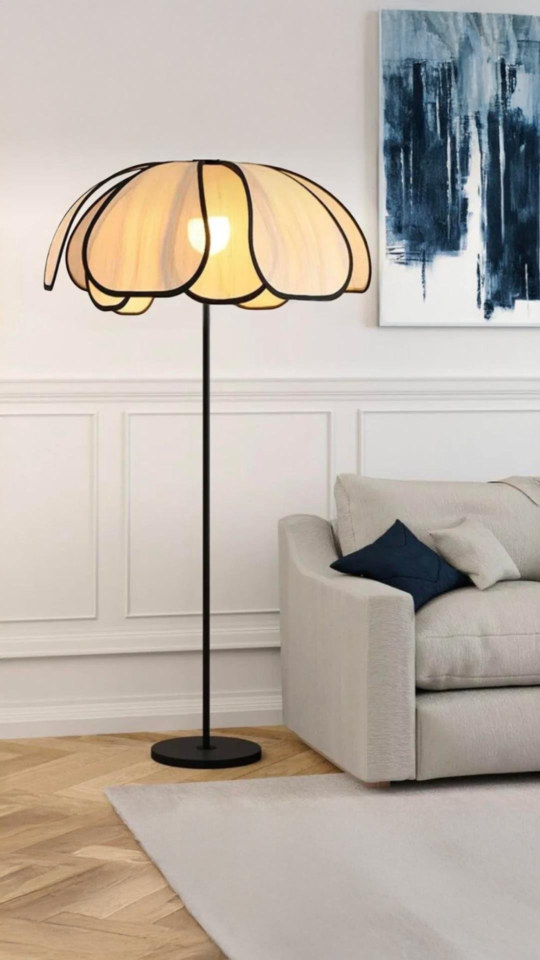 Boheme Modern Tasarım Palm Burenze Dekoratif Lambader Siyah Gövde Ekru Kumaş Abajur