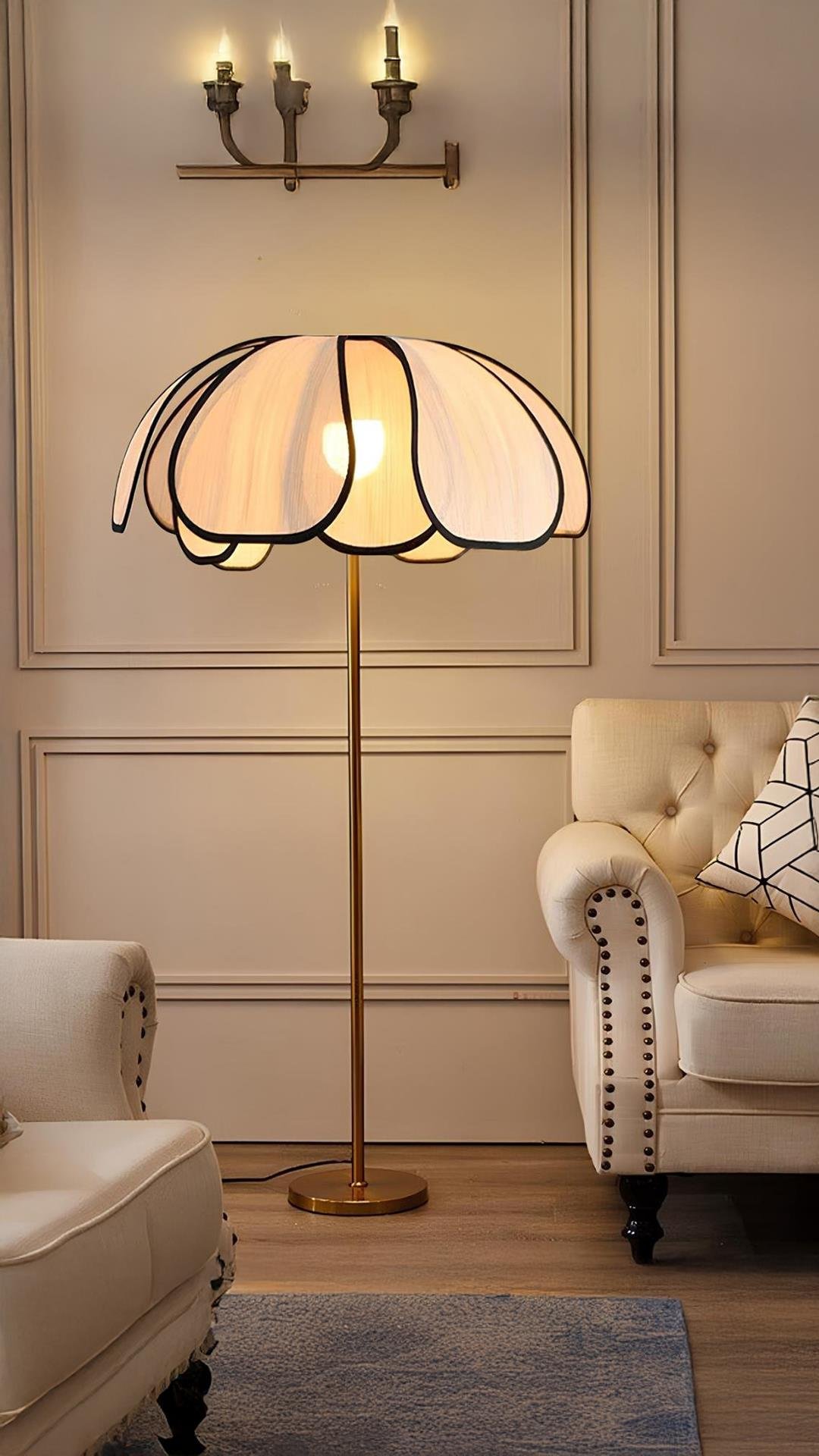 Boheme Modern Tasarım Palm Burenze Dekoratif Lambader Eskitme Gövde Ekru Kumaş Abajur