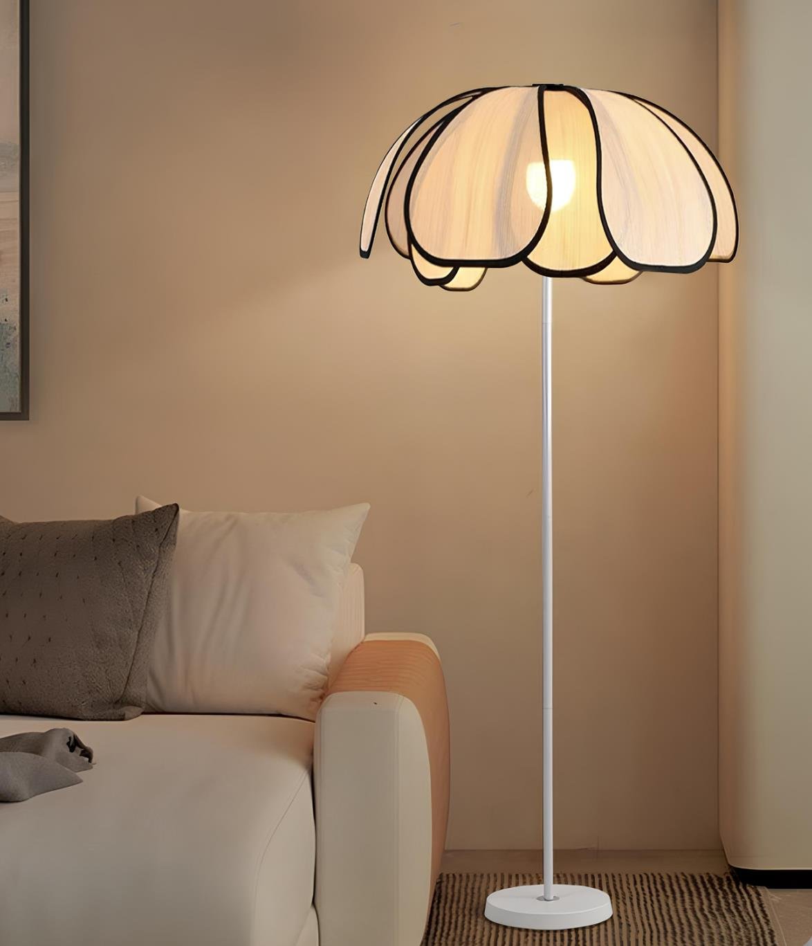 Boheme Modern Tasarım Palm Burenze Dekoratif Lambader Beyaz Gövde Ekru Kumaş Abajur