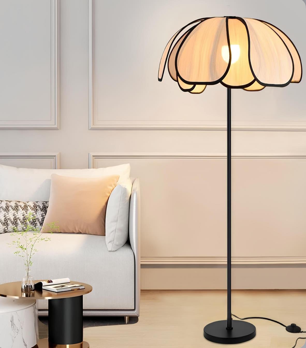 Boheme Modern Tasarım Palm Burenze Dekoratif Lambader Siyah Gövde Ekru Kumaş Abajur