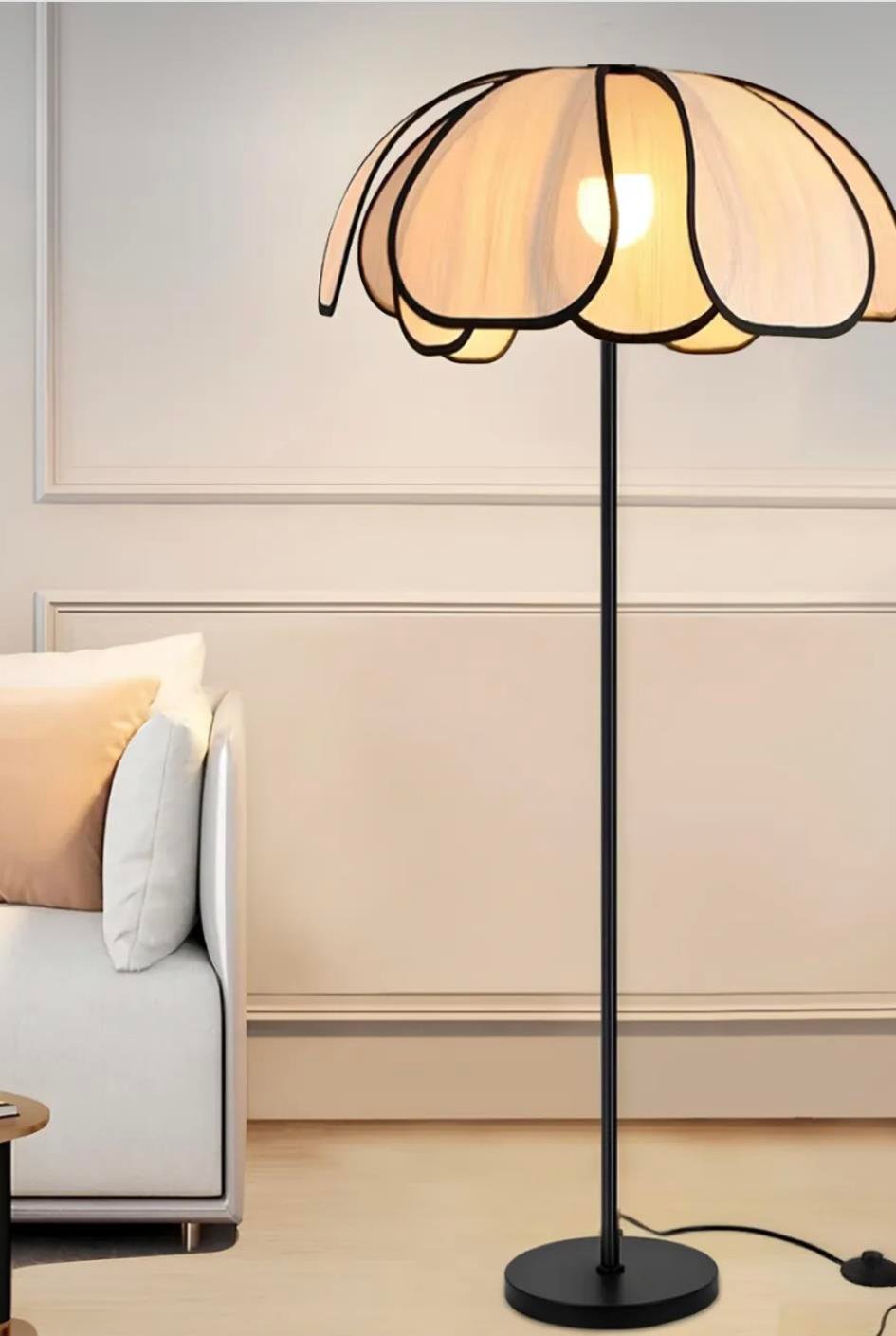 Boheme Modern Tasarım Palm Burenze Dekoratif Lambader Siyah Gövde Ekru Kumaş Abajur