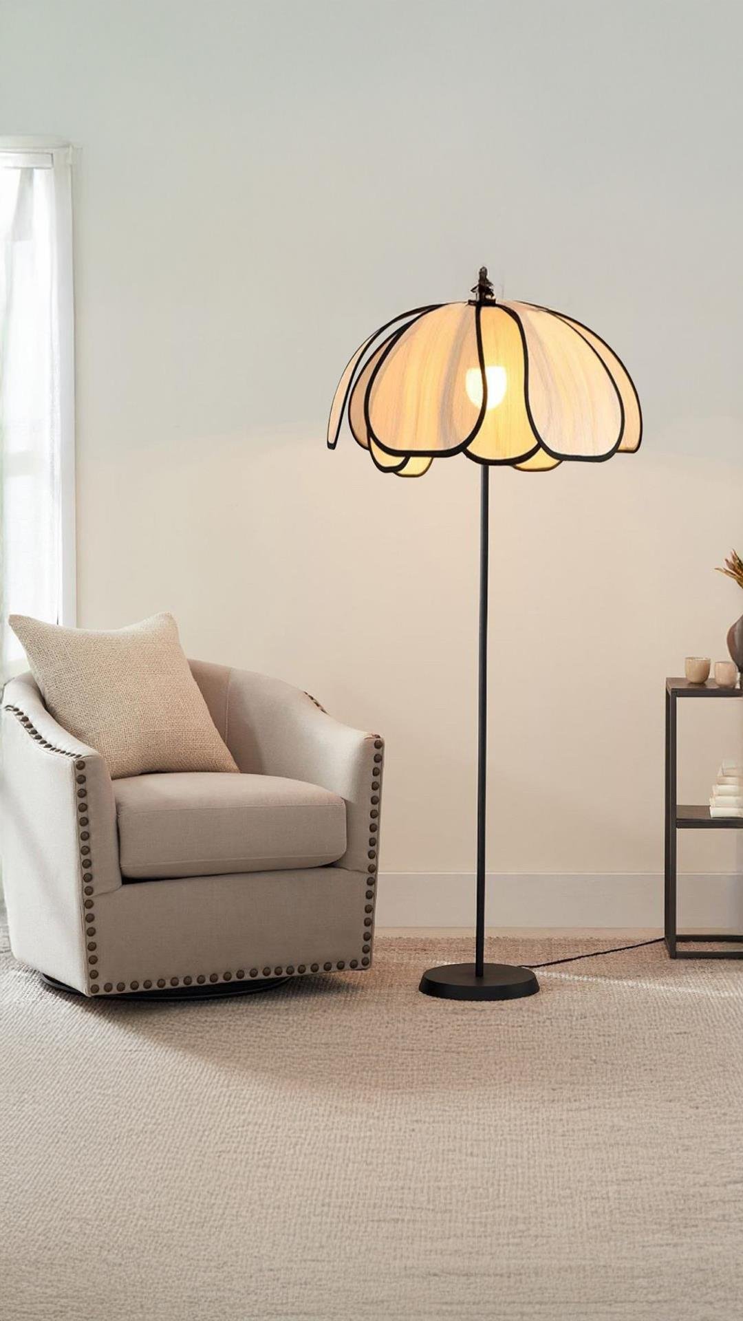 Boheme Modern Tasarım Palm Burenze Dekoratif Lambader Siyah Gövde Ekru Kumaş Abajur