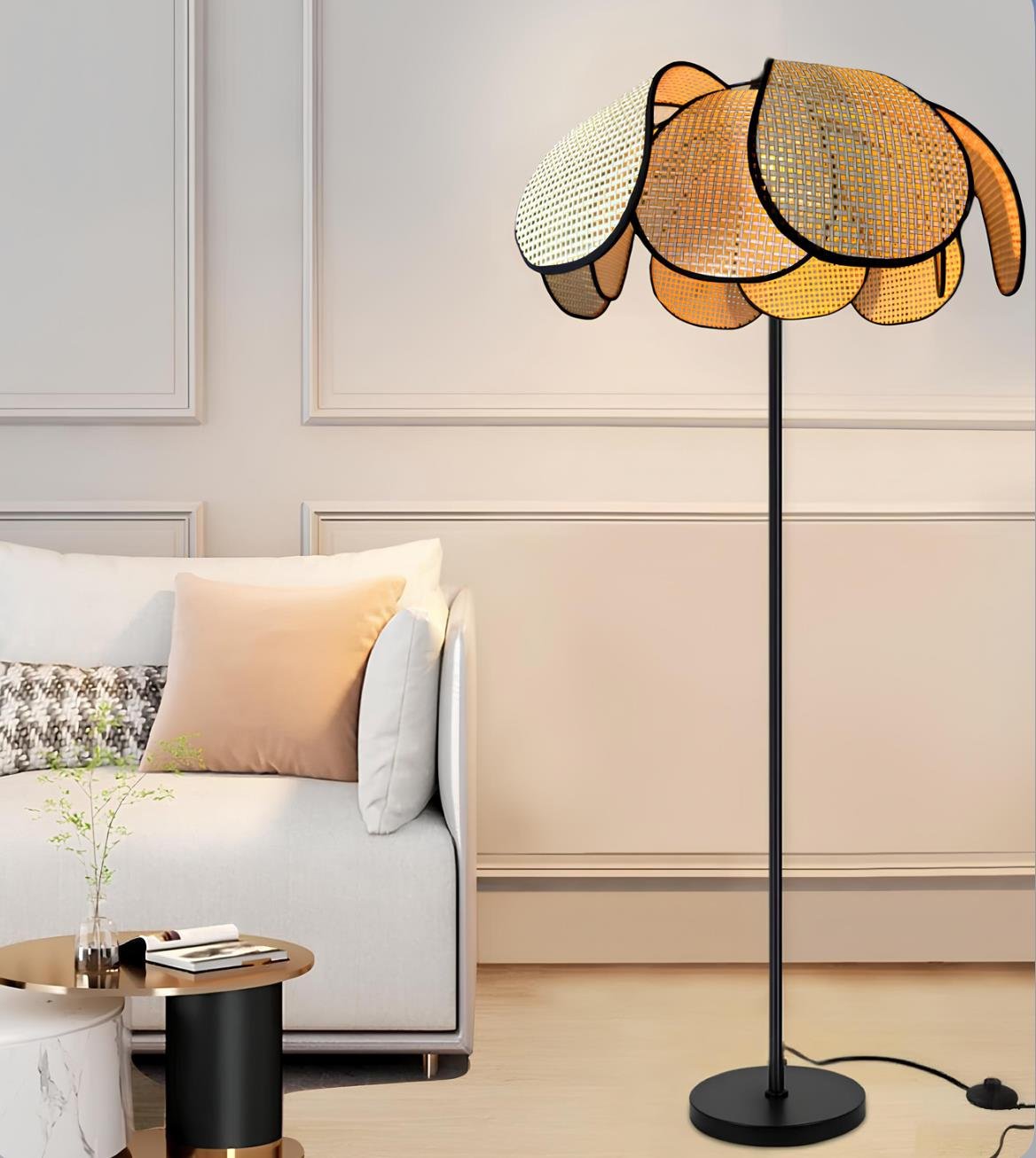 Boheme Modern Tasarım Palm Burenze Lambader Hasır Hazeran Kumaş Abajur Siyah Gövde Dekoratif Ürün