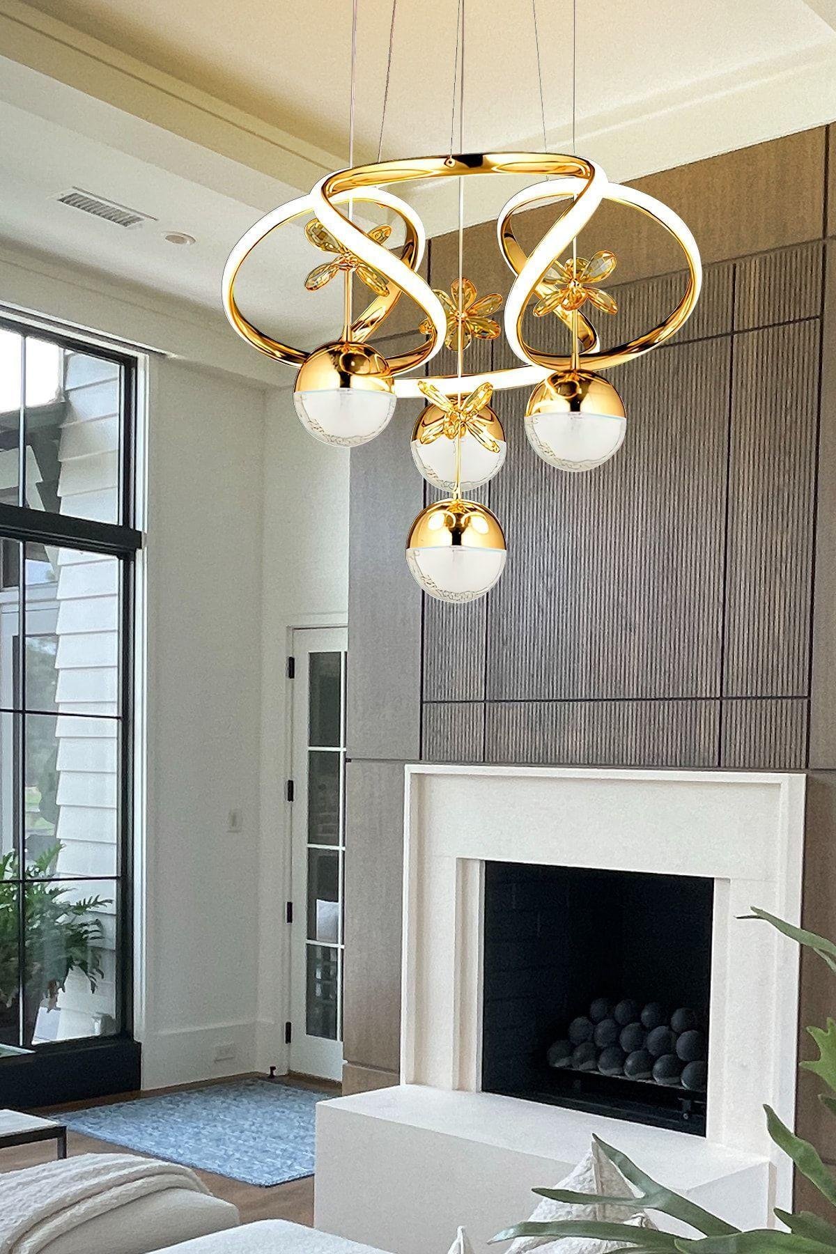 Dimmerli Kumandalı 3 Renk Modern Kristal Taşlı Salon Mutfak Oturma Odası Avize Gold Sarı Led Avize