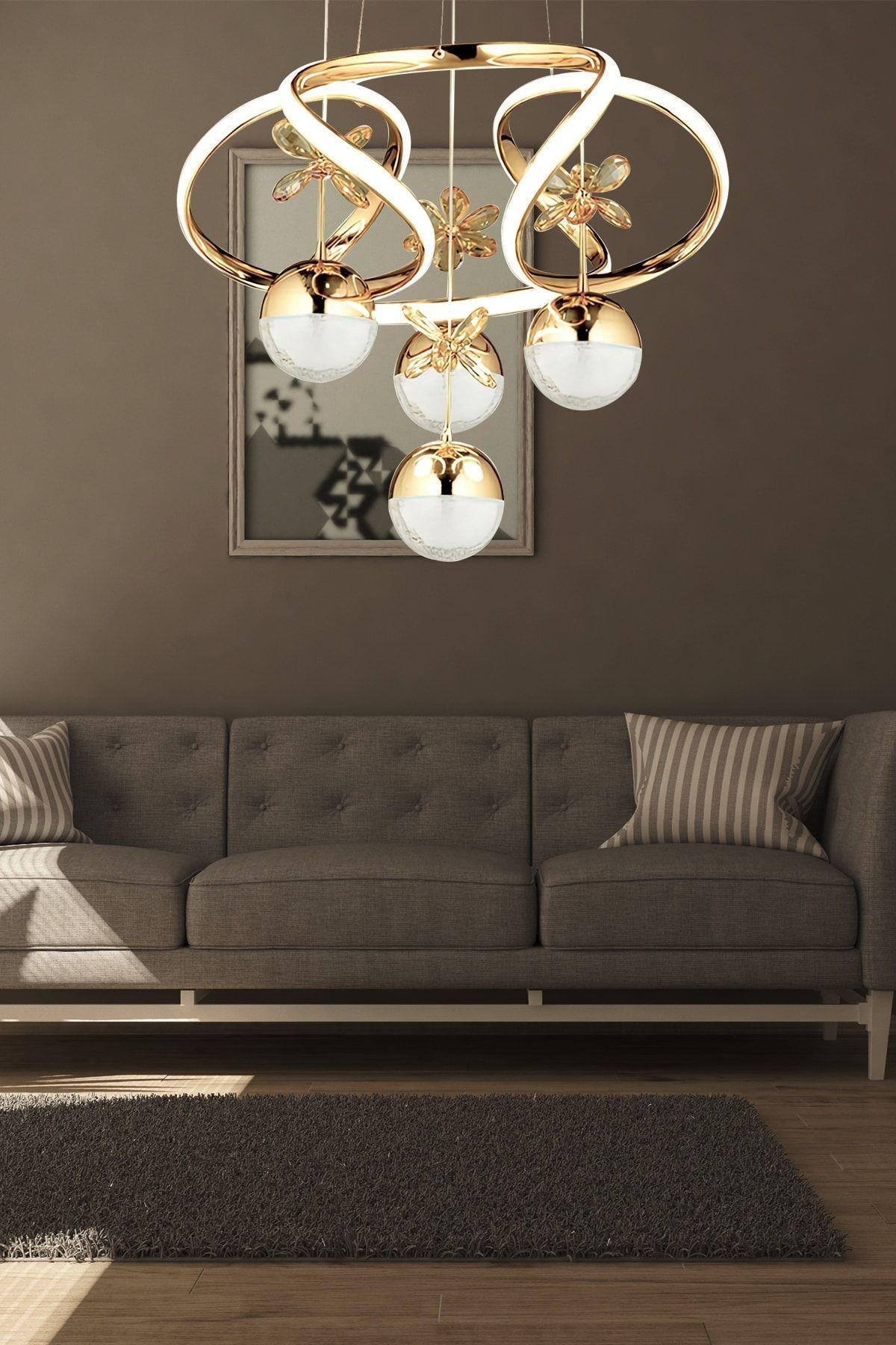 Dimmerli Kumandalı 3 Renk Modern Kristal Taşlı Salon Mutfak Oturma Odası Avize Gold Sarı Led Avize