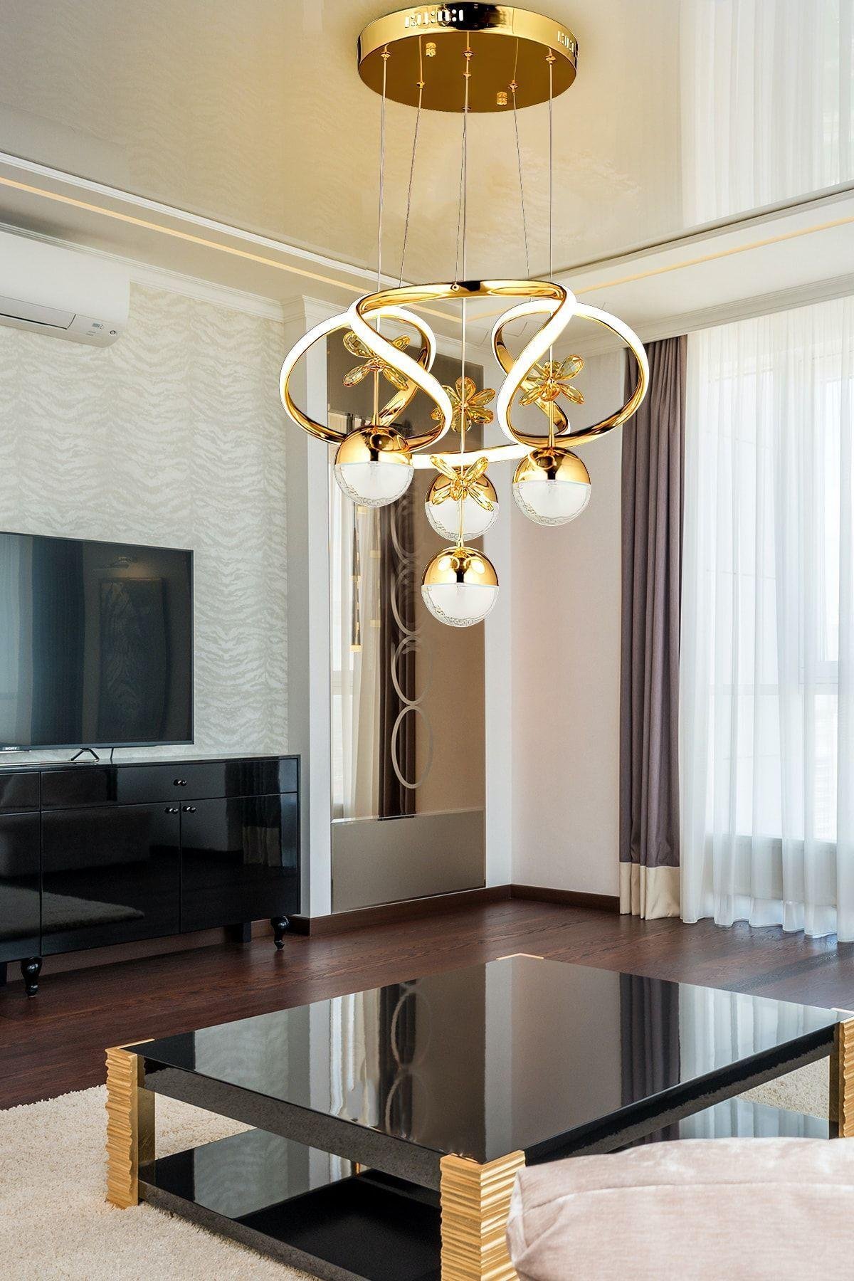 Dimmerli Kumandalı 3 Renk Modern Kristal Taşlı Salon Mutfak Oturma Odası Avize Gold Sarı Led Avize