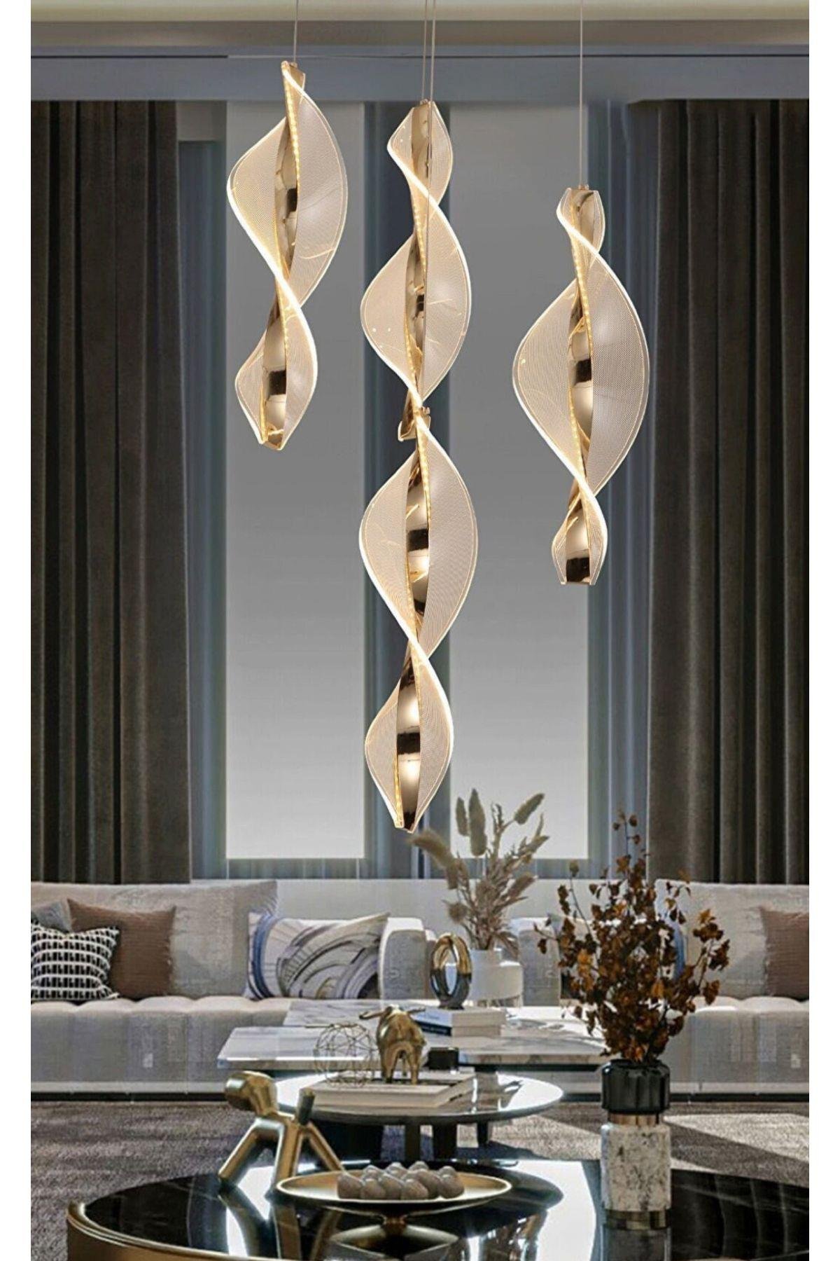 Dimmerli Kumandalı 3 Renk Modern Tasarım Lucca Dörtlü Sarkıt Led Avize Gold Sarı