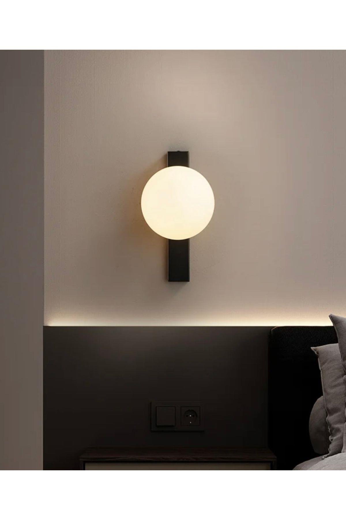 Duvar Aplik Siyah Gövde Beyaz Glop Cam E-27 Duy Modern Aplik