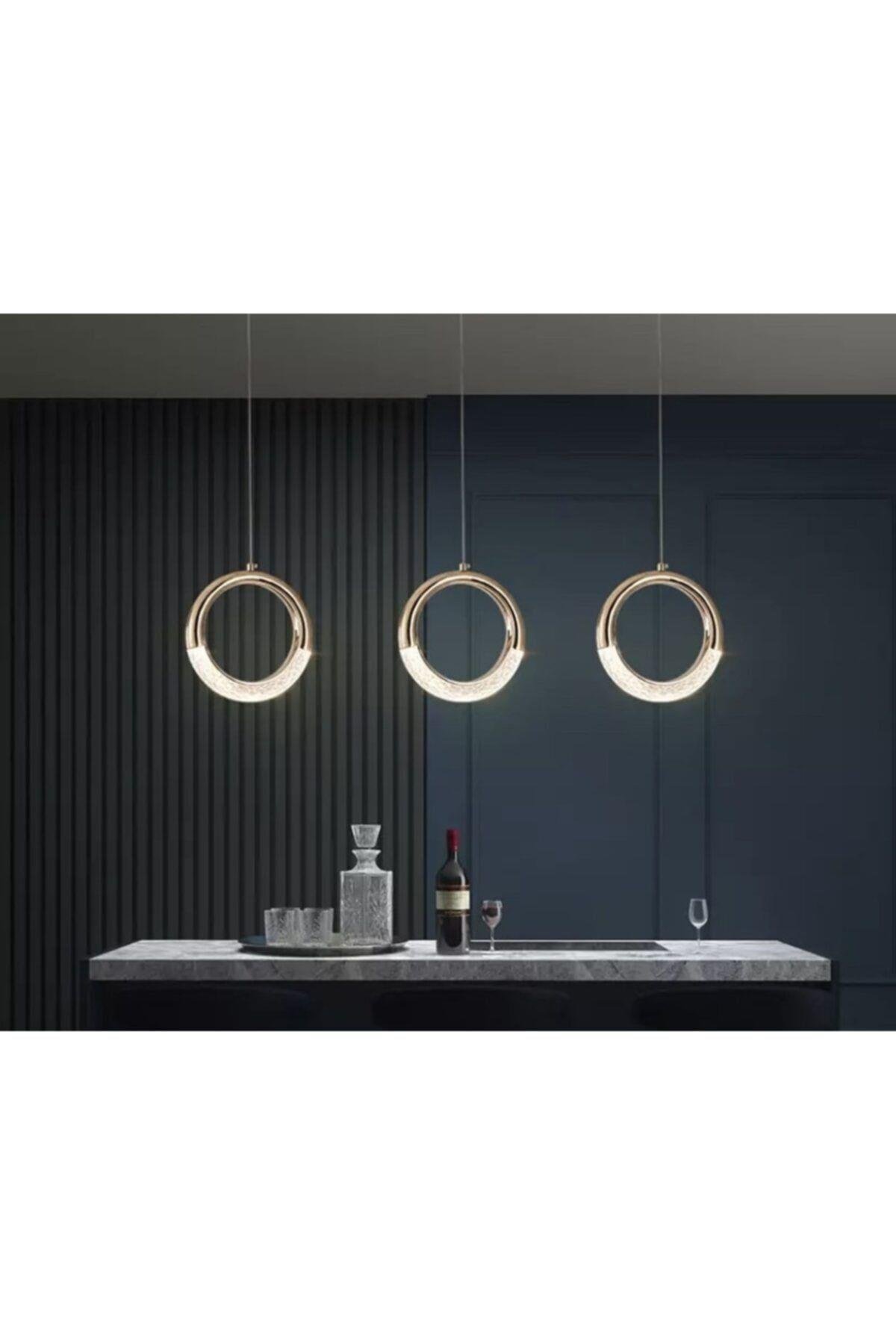 Elegance Luxury Modern Tasarım Üçlü Sarkıt Led Avize Sıralı Yemek Masası Gold Sarı