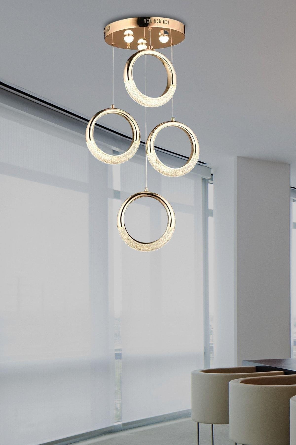 Elegance Luxury Tasarım Modern Dörtlü Sarkıt Led Avize Gold Sarı