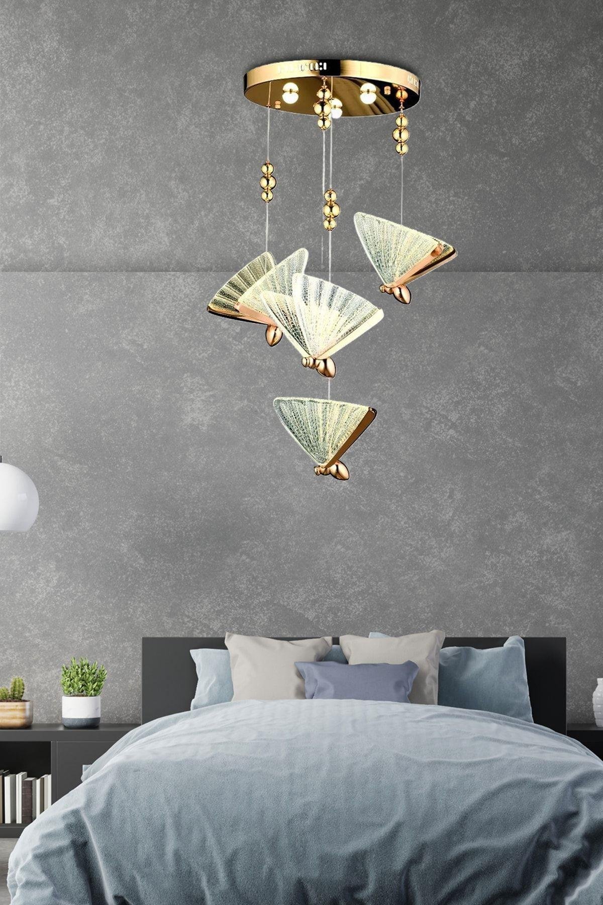 Elegance Modern Kelebek Tasarım Dörtlü Sarkıt Led Avize Rose Gold Sarı Harika Görsel