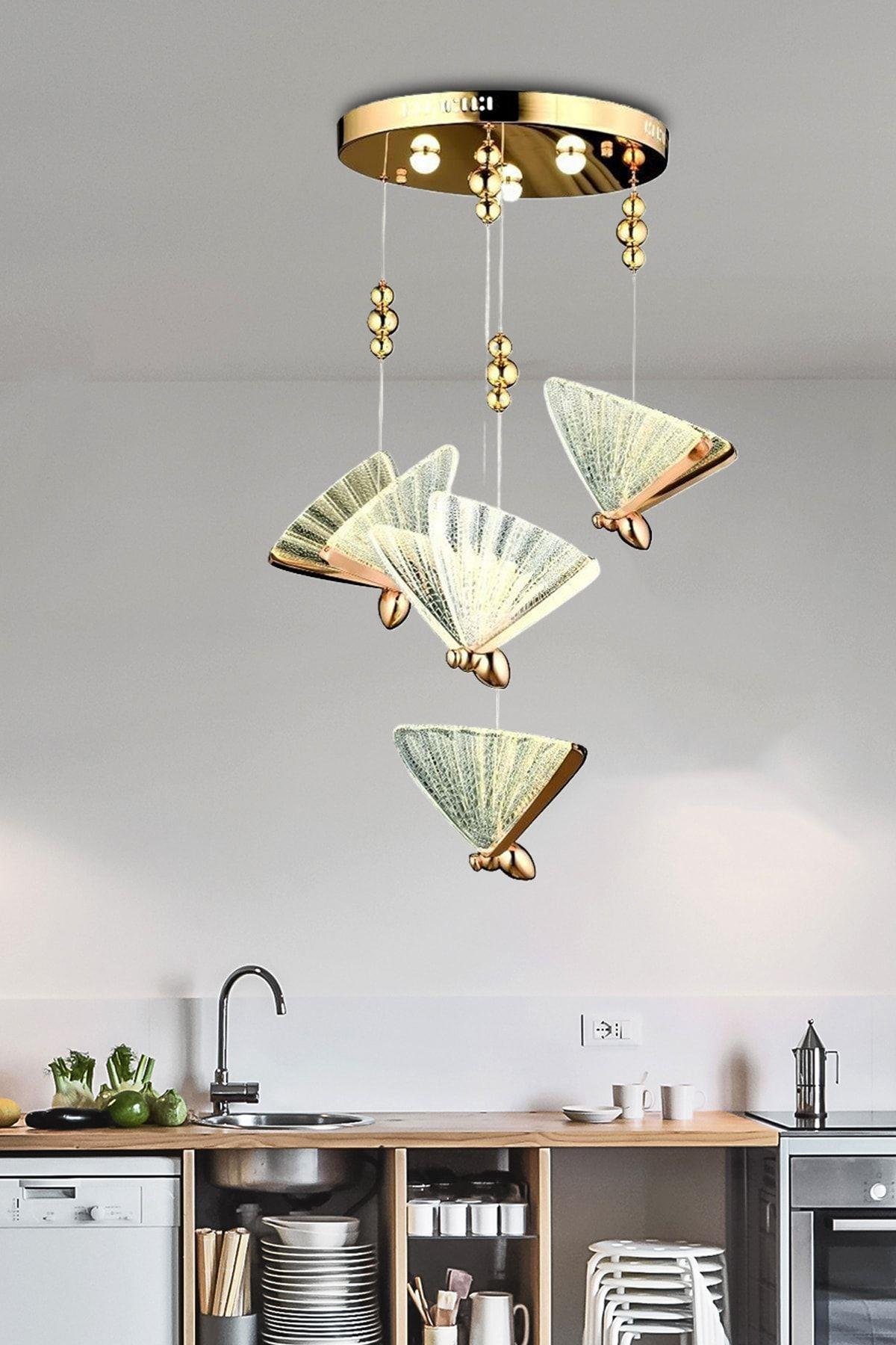 Elegance Modern Kelebek Tasarım Dörtlü Sarkıt Led Avize Rose Gold Sarı Harika Görsel