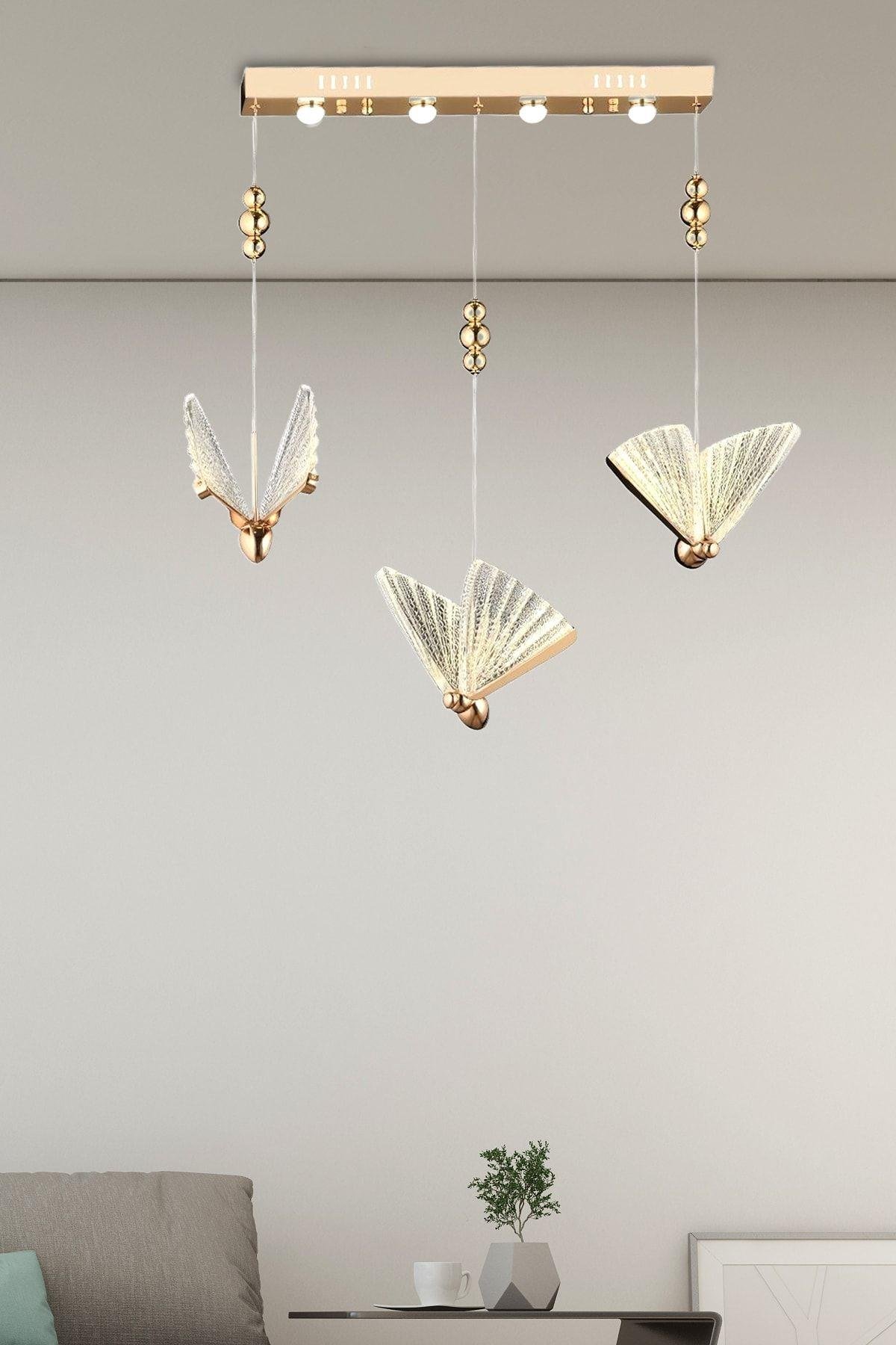 Elegance Modern Kelebek Tasarım Üçlü Sarkıt Led Avize Sıralı Yemek Masası Rose Gold Sarı