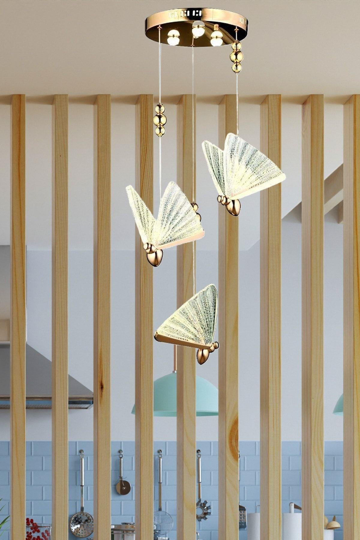 Elegance Modern Kelebek Tasarım Üçlü Sarkıt Led Avize Rose Gold Sarı Harika Görsel