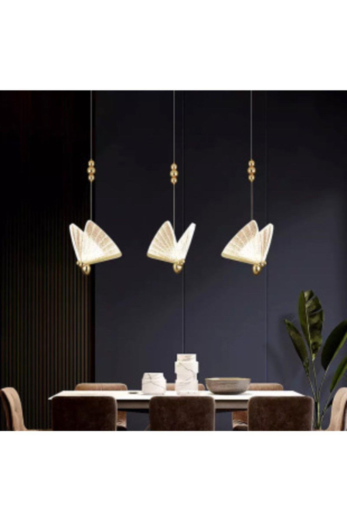 Elegance Modern Kelebek Tasarım Üçlü Sarkıt Led Avize Sıralı Yemek Masası Rose Gold Sarı