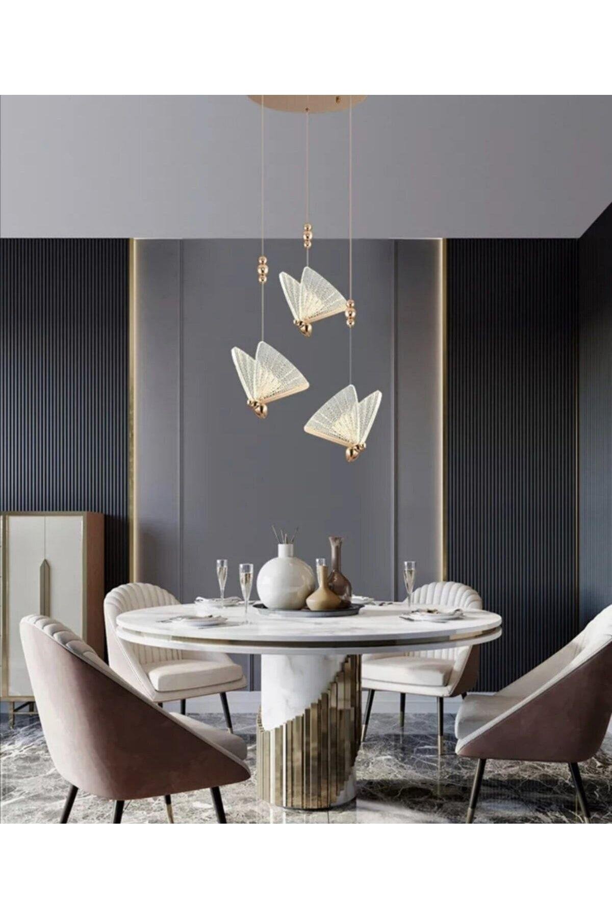 Elegance Modern Kelebek Tasarım Üçlü Sarkıt Led Avize Rose Gold Sarı Harika Görsel