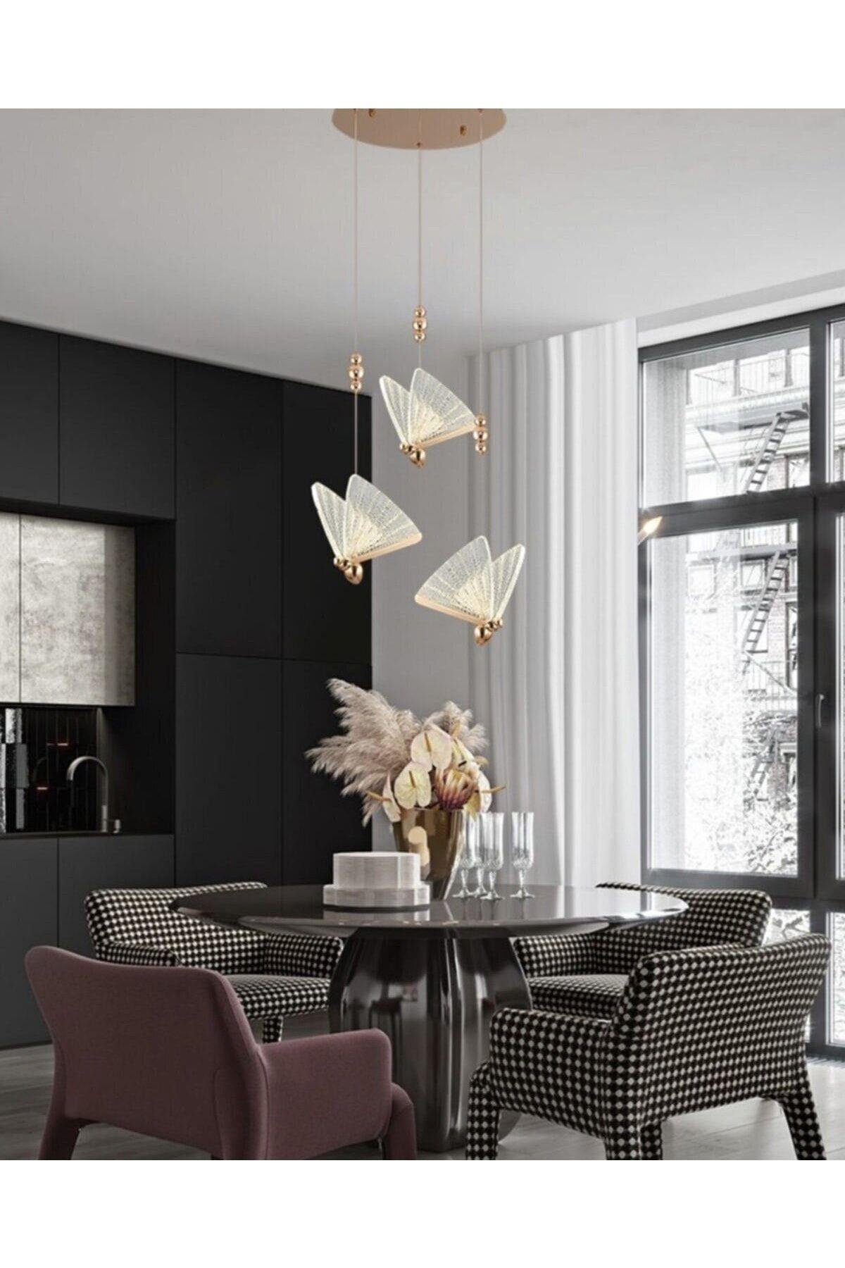 Elegance Modern Kelebek Tasarım Üçlü Sarkıt Led Avize Rose Gold Sarı Harika Görsel