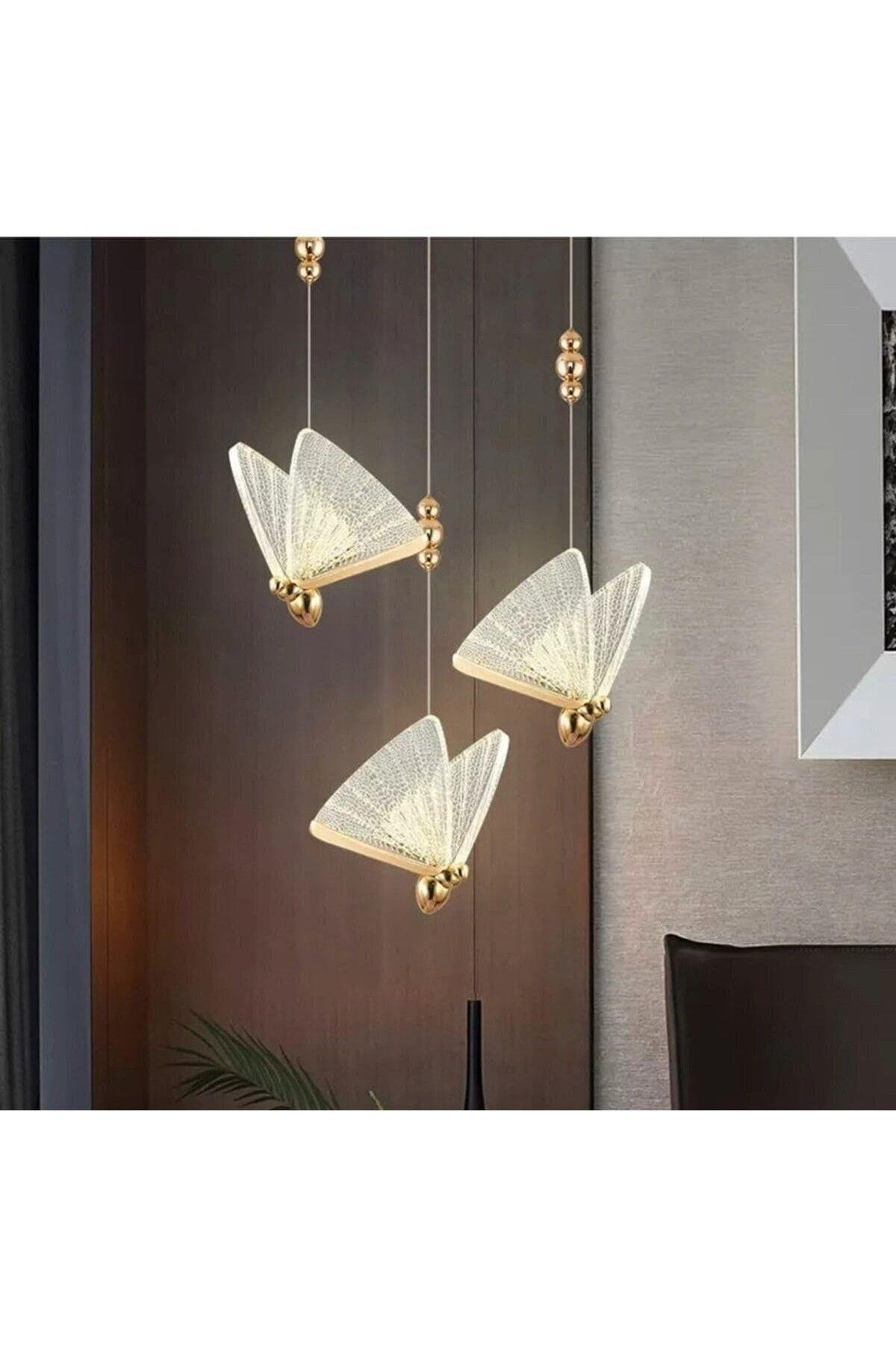 Elegance Modern Kelebek Tasarım Üçlü Sarkıt Led Avize Rose Gold Sarı Harika Görsel