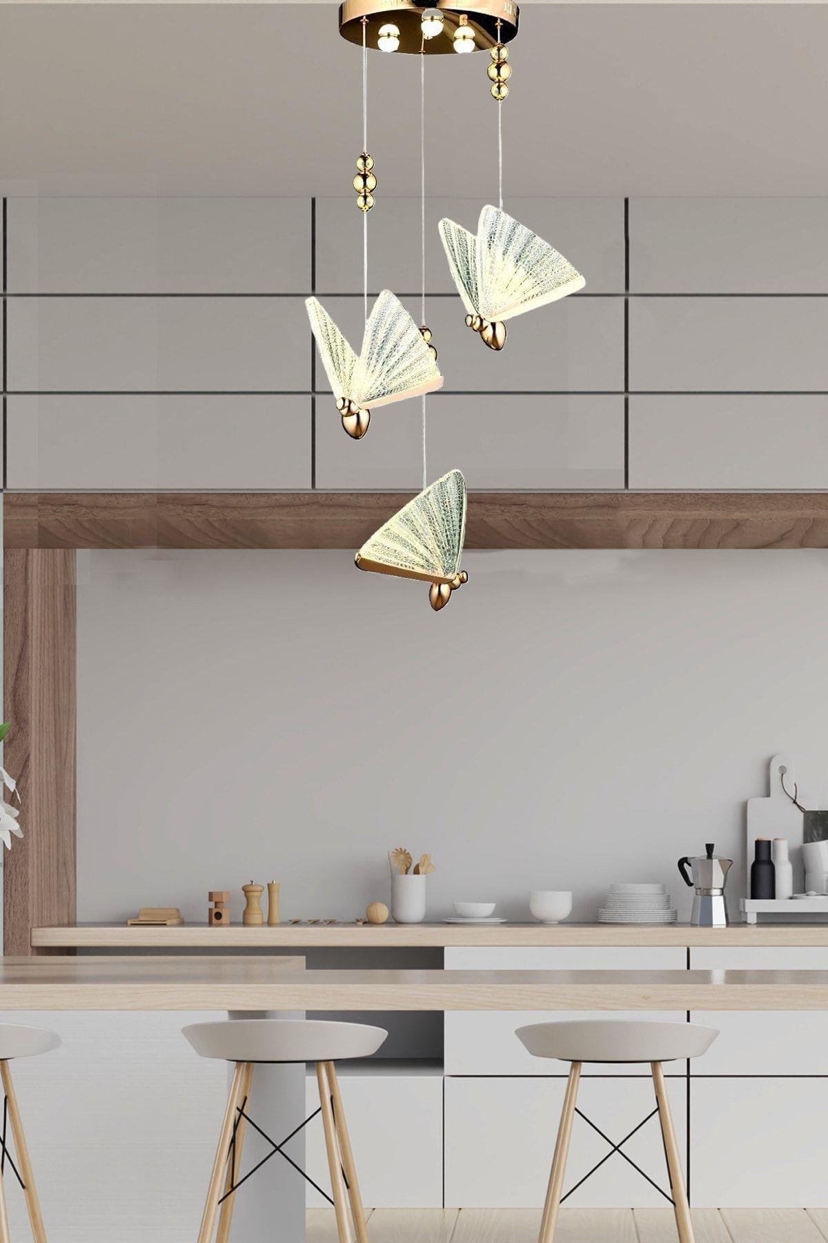 Elegance Modern Kelebek Tasarım Üçlü Sarkıt Led Avize Rose Gold Sarı Harika Görsel
