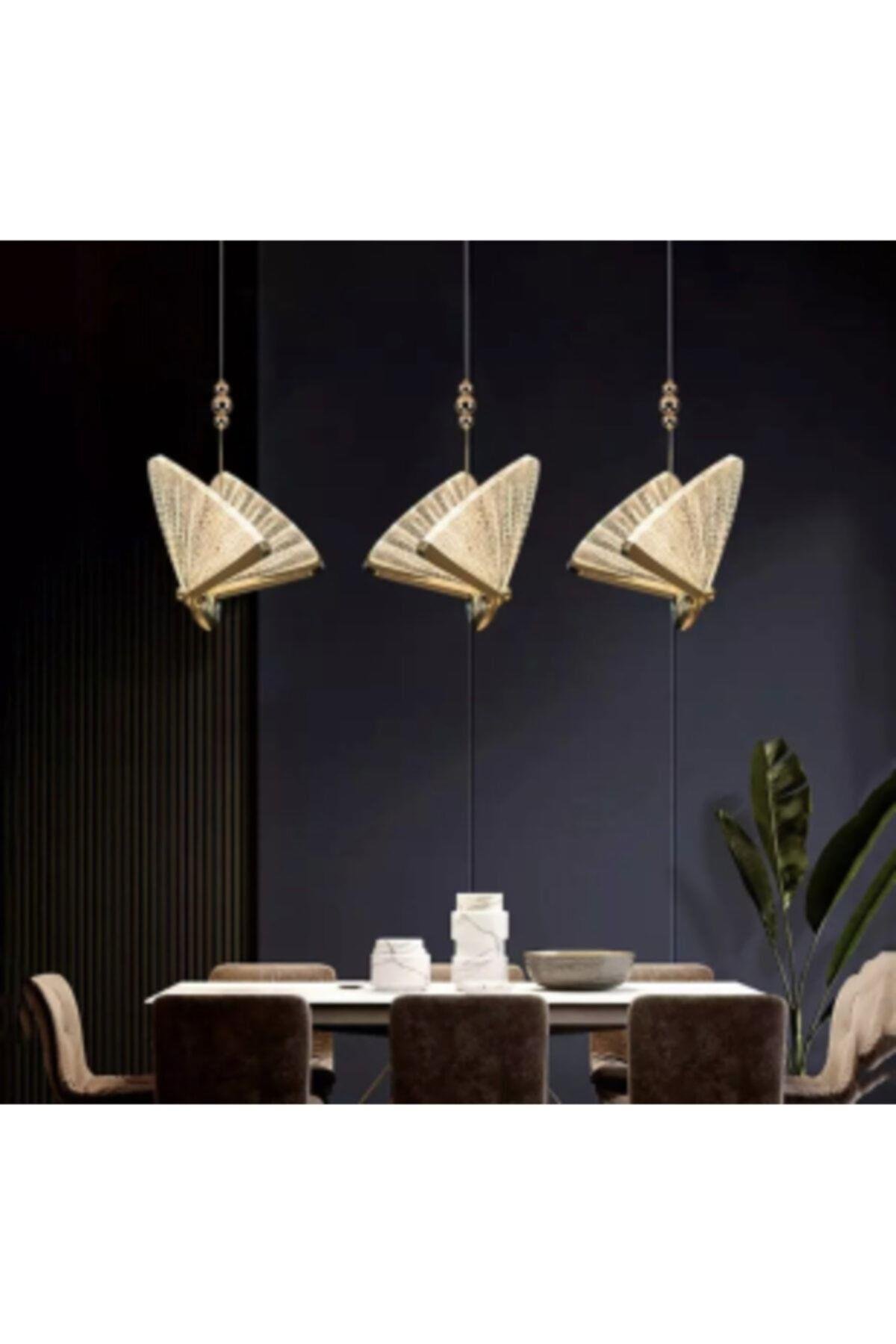 Elegance Modern Kelebek Tasarım Üçlü Sarkıt Led Avize Sıralı Yemek Masası Rose Gold Sarı