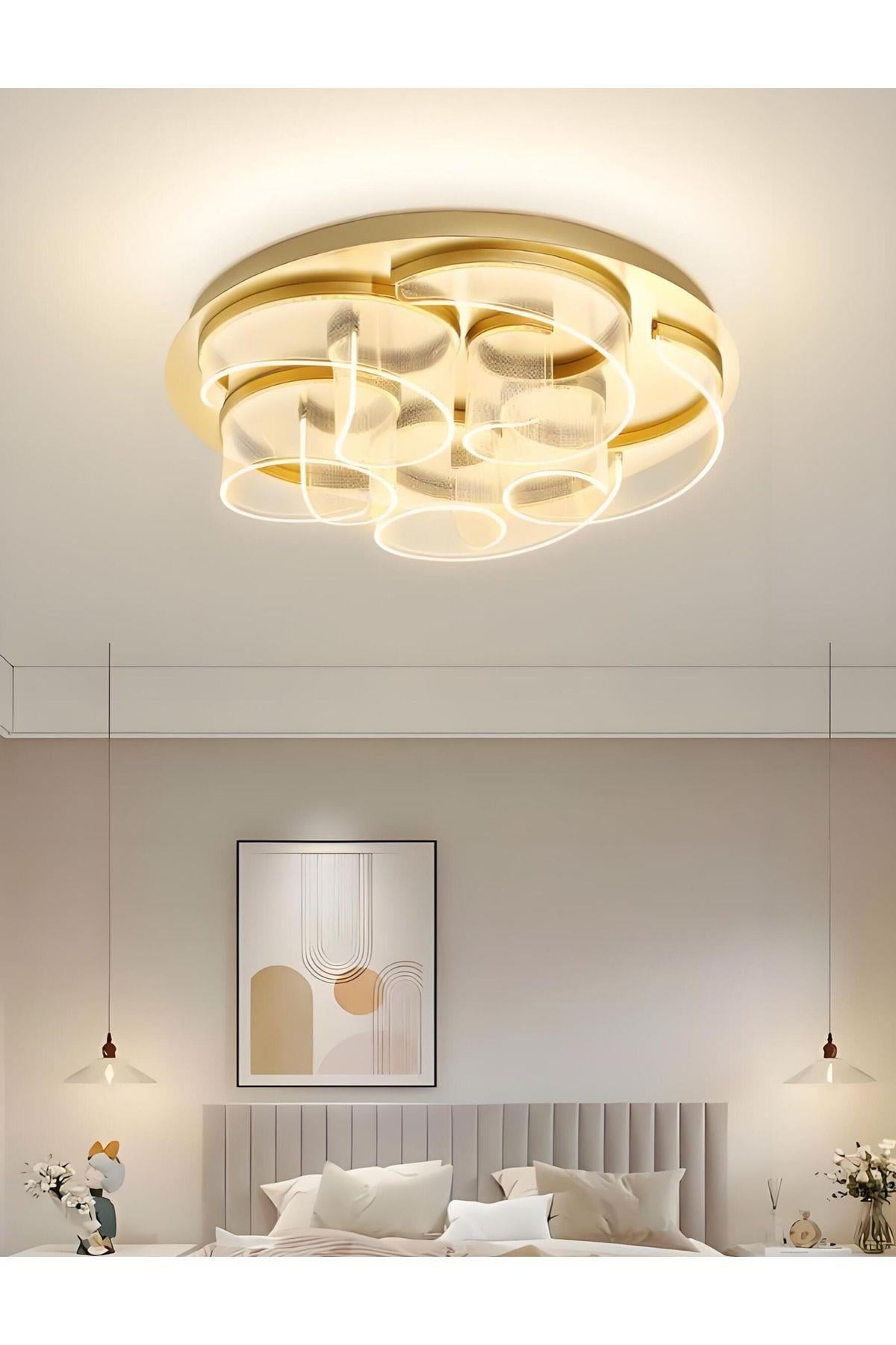 Exclusive Modern Tasarım Pleksi Gül Rose Tavan Led Avize Gold Sarı Limited Edition Ledli Avize