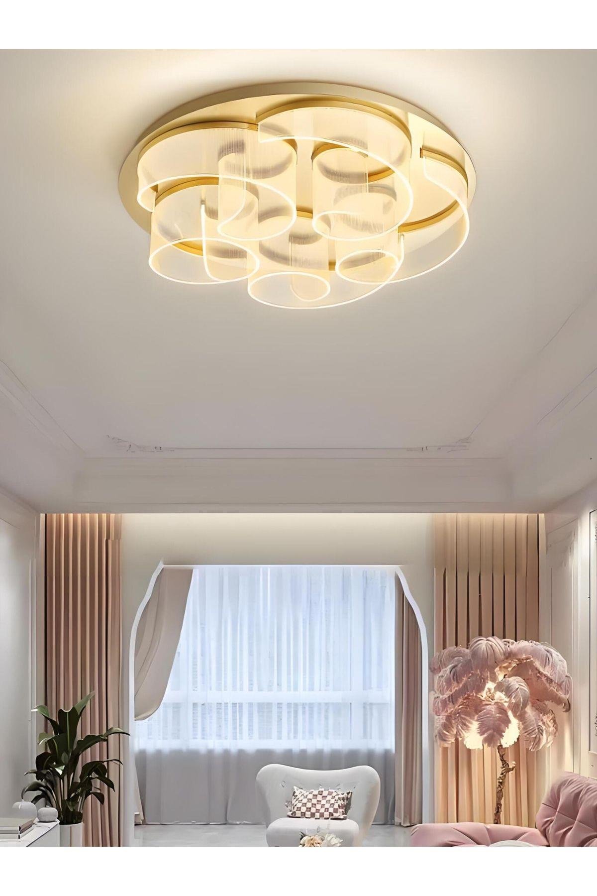 Exclusive Modern Tasarım Pleksi Gül Rose Tavan Led Avize Gold Sarı Limited Edition Ledli Avize