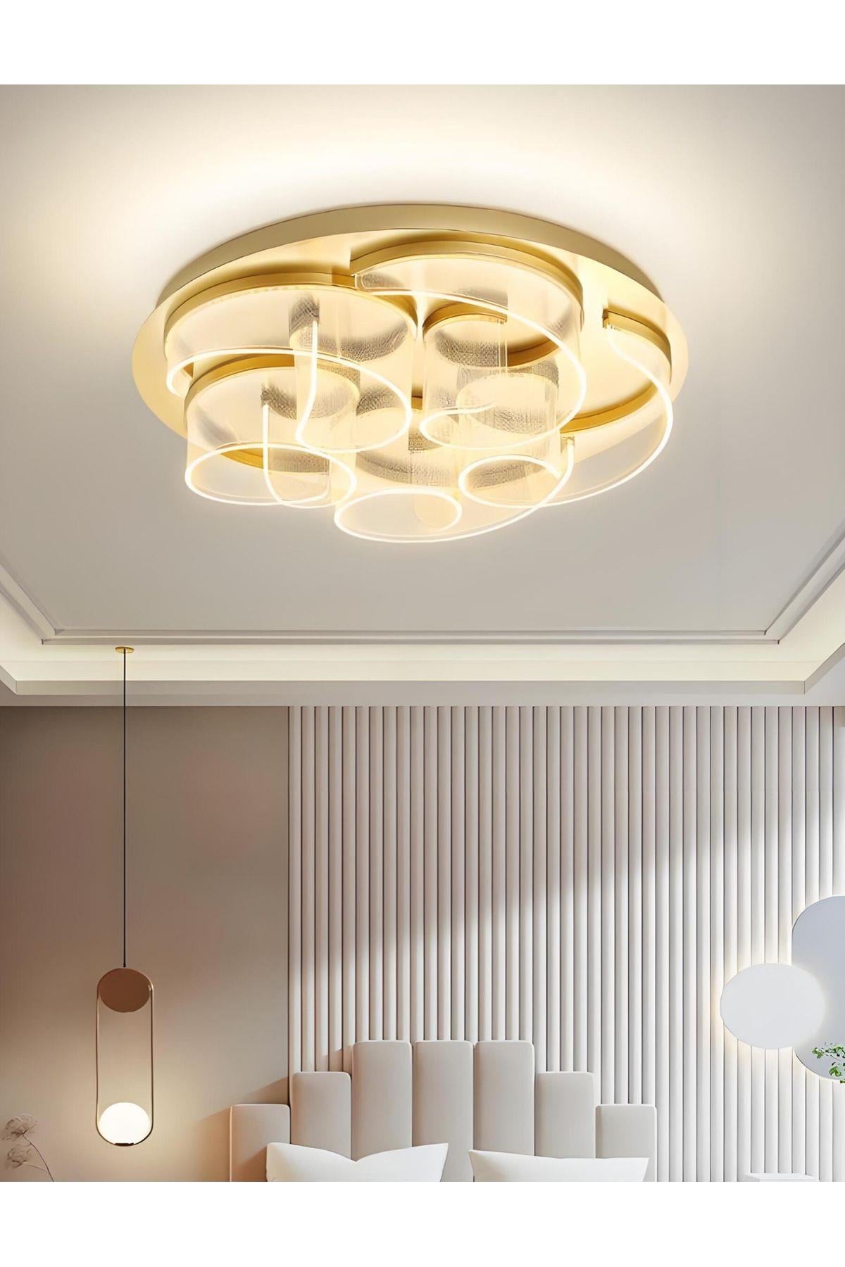 Exclusive Modern Tasarım Pleksi Gül Rose Tavan Led Avize Gold Sarı Limited Edition Ledli Avize