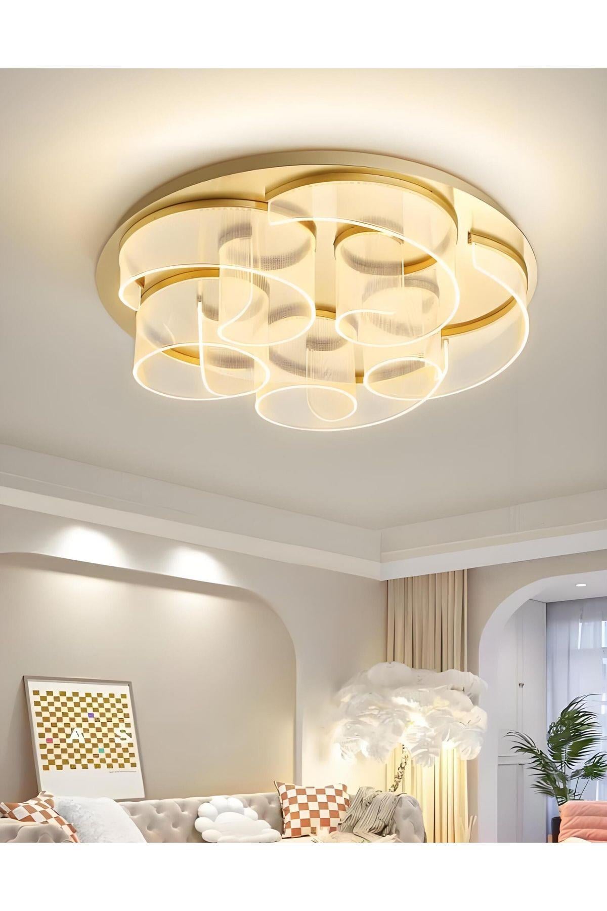 Exclusive Modern Tasarım Pleksi Gül Rose Tavan Led Avize Gold Sarı Limited Edition Ledli Avize