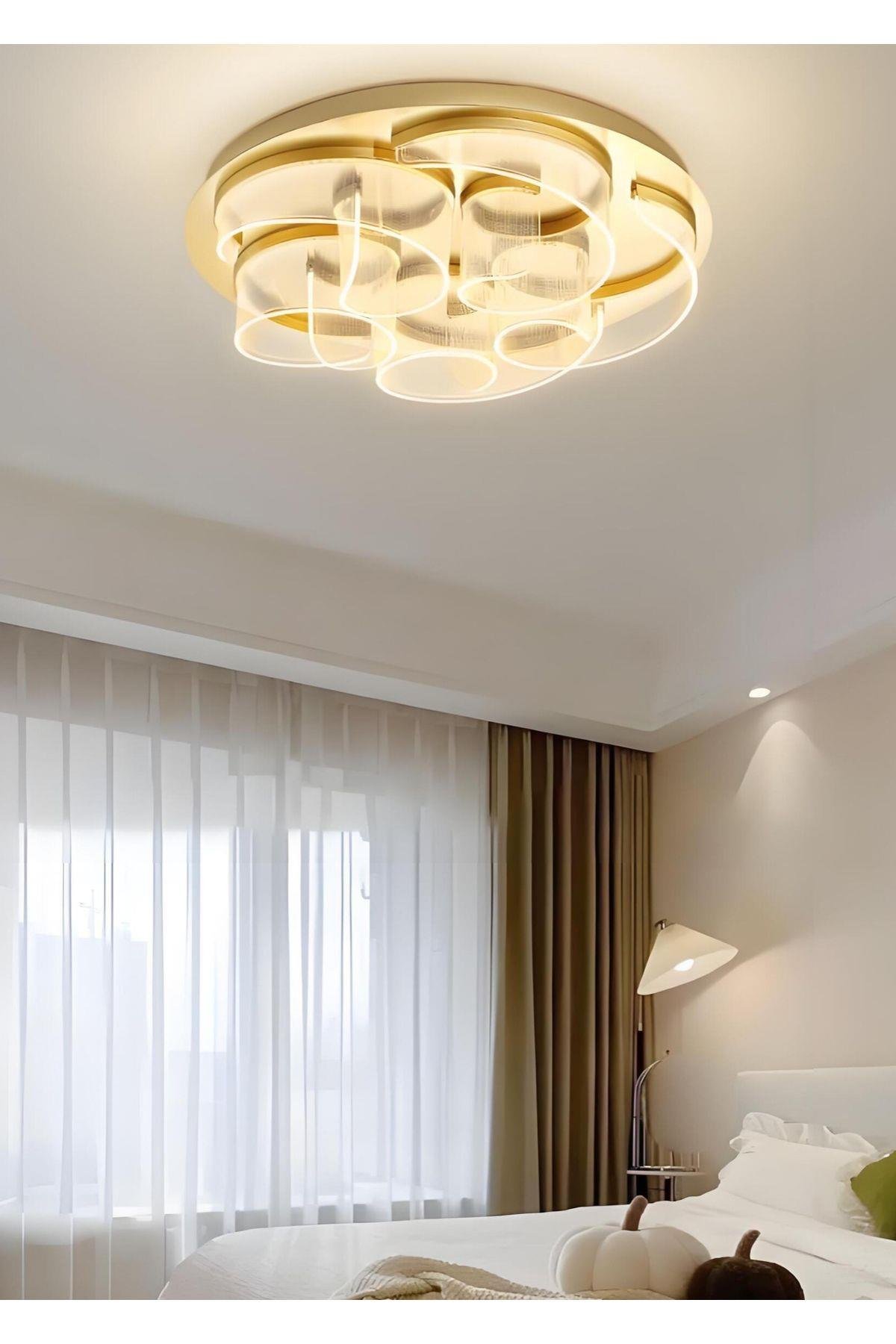 Exclusive Modern Tasarım Pleksi Gül Rose Tavan Led Avize Gold Sarı Limited Edition Ledli Avize