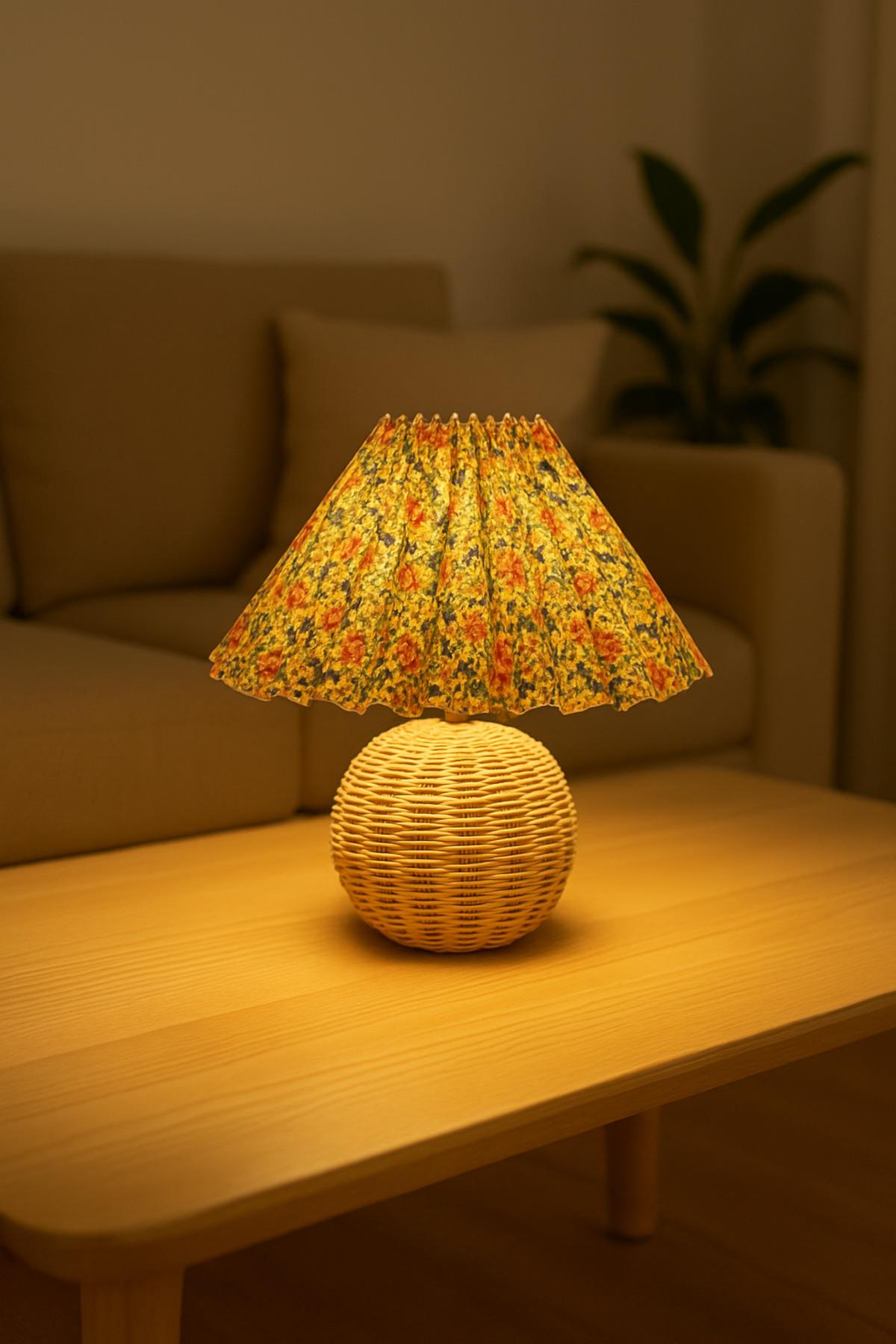 Flower Abajur Umbrella Pileli Abajurlu Hasır Gövdeli