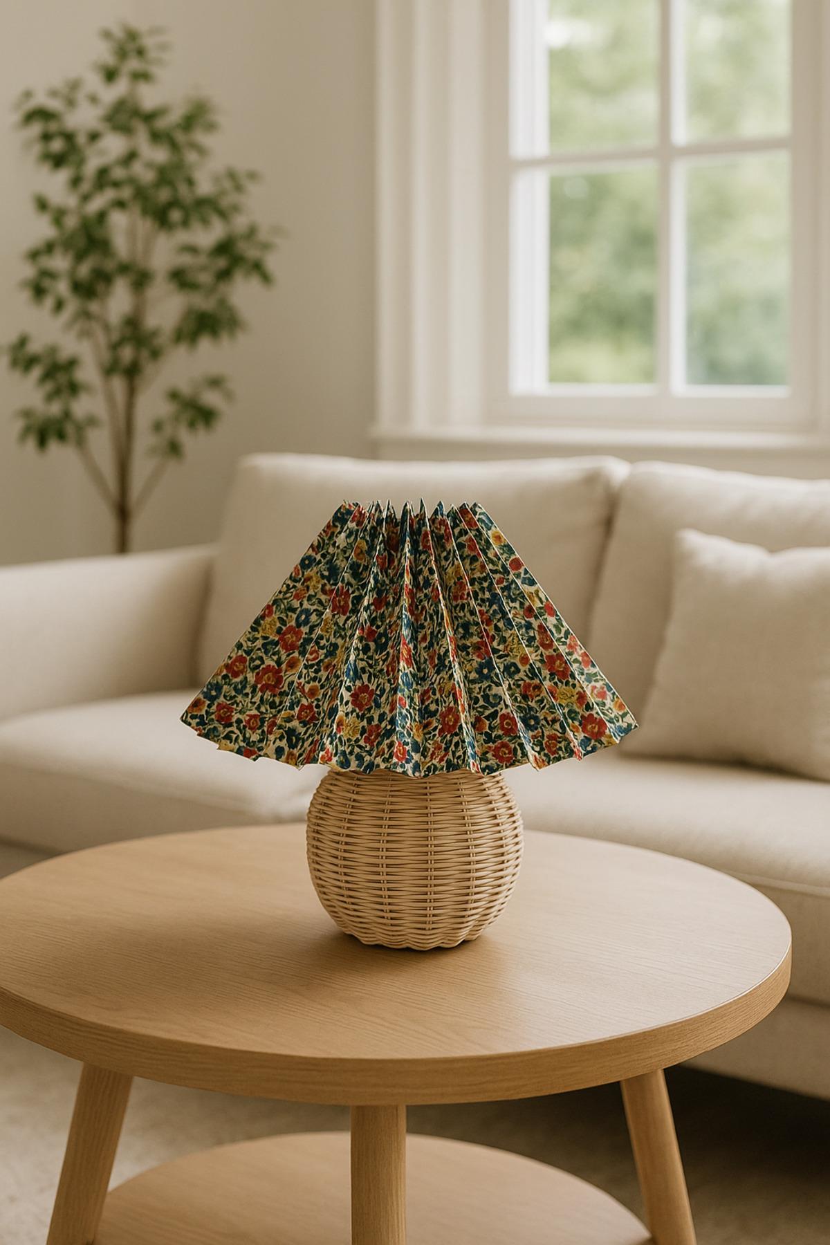 Flower Abajur Umbrella Pileli Abajurlu Hasır Gövdeli