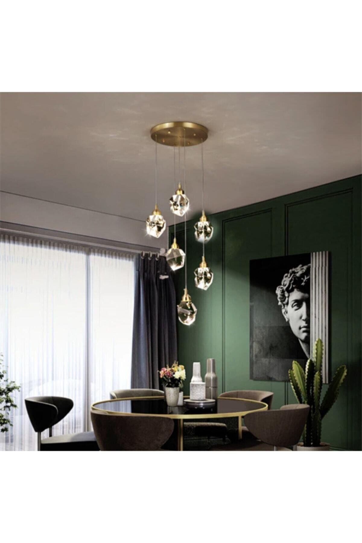 Gold Sarı Gün Işığı A+ Luxury Modern Kristalize Cam Sarkıt Altılı Power Led Avize