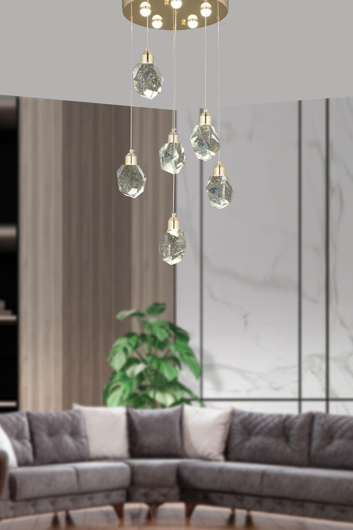 Gold Sarı Gün Işığı A+ Luxury Modern Kristalize Cam Sarkıt Altılı Power Led Avize