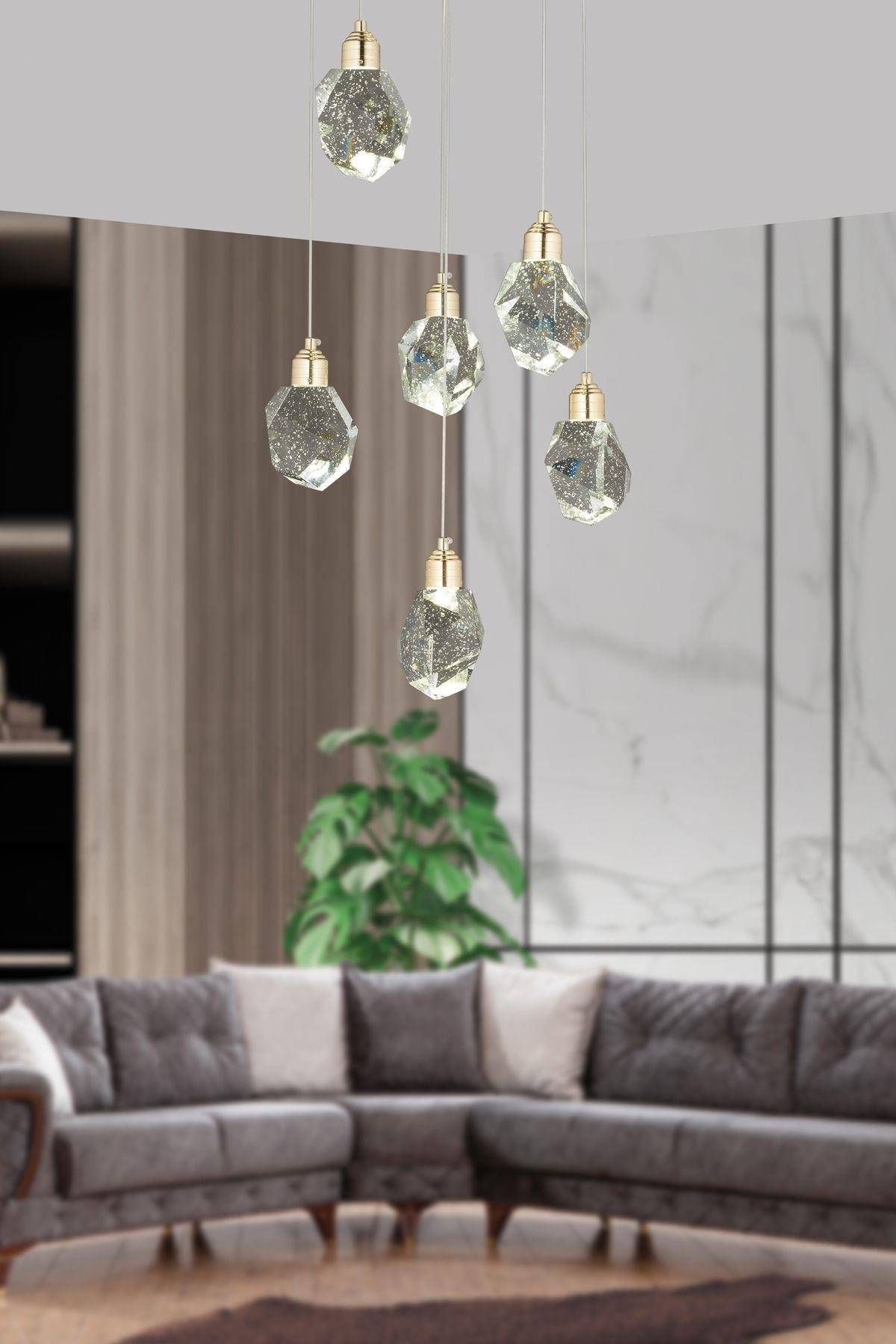 Gold Sarı Gün Işığı A+ Luxury Modern Kristalize Cam Sarkıt Altılı Power Led Avize