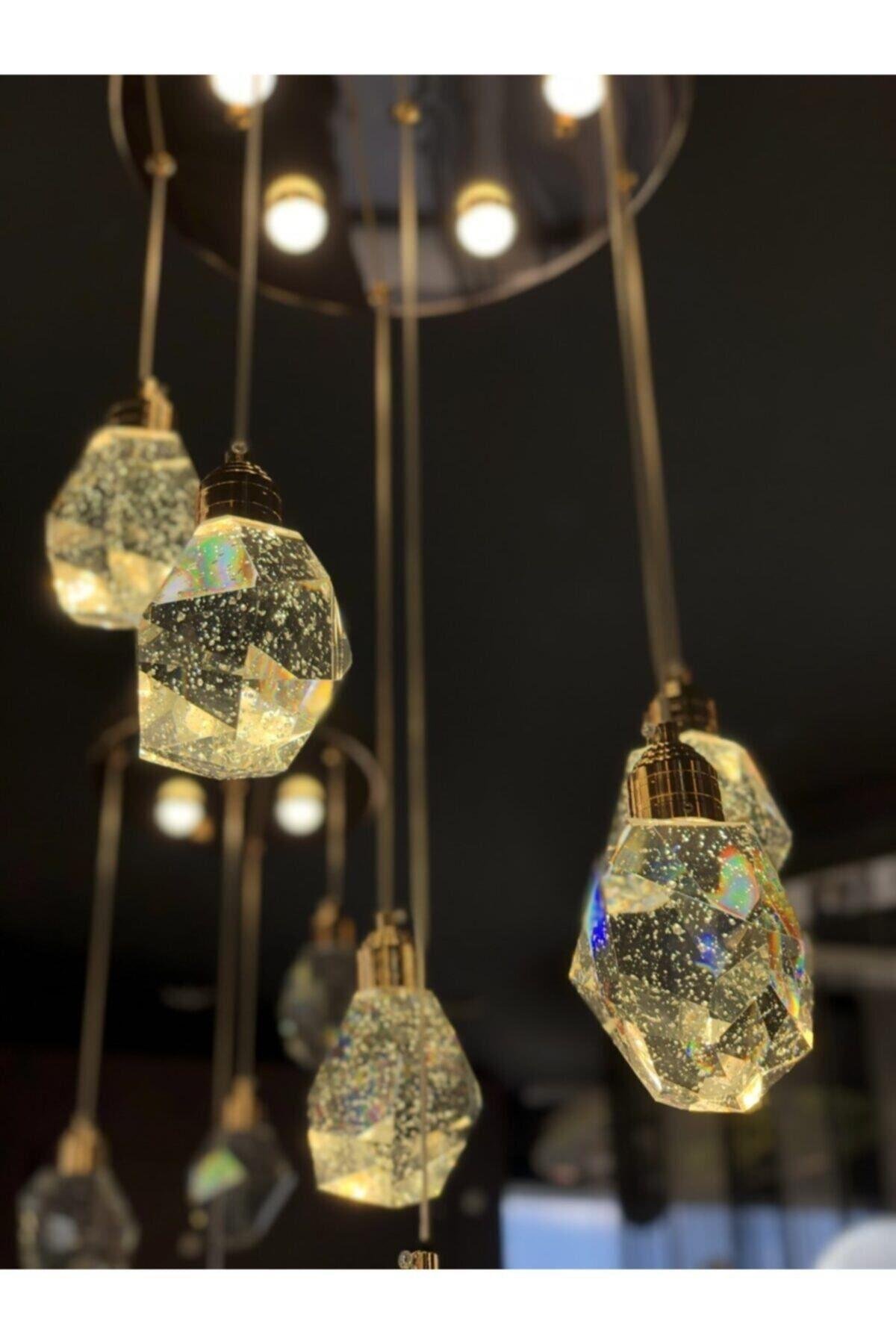Gold Sarı Gün Işığı A+ Luxury Modern Kristalize Cam Sarkıt Altılı Power Led Avize