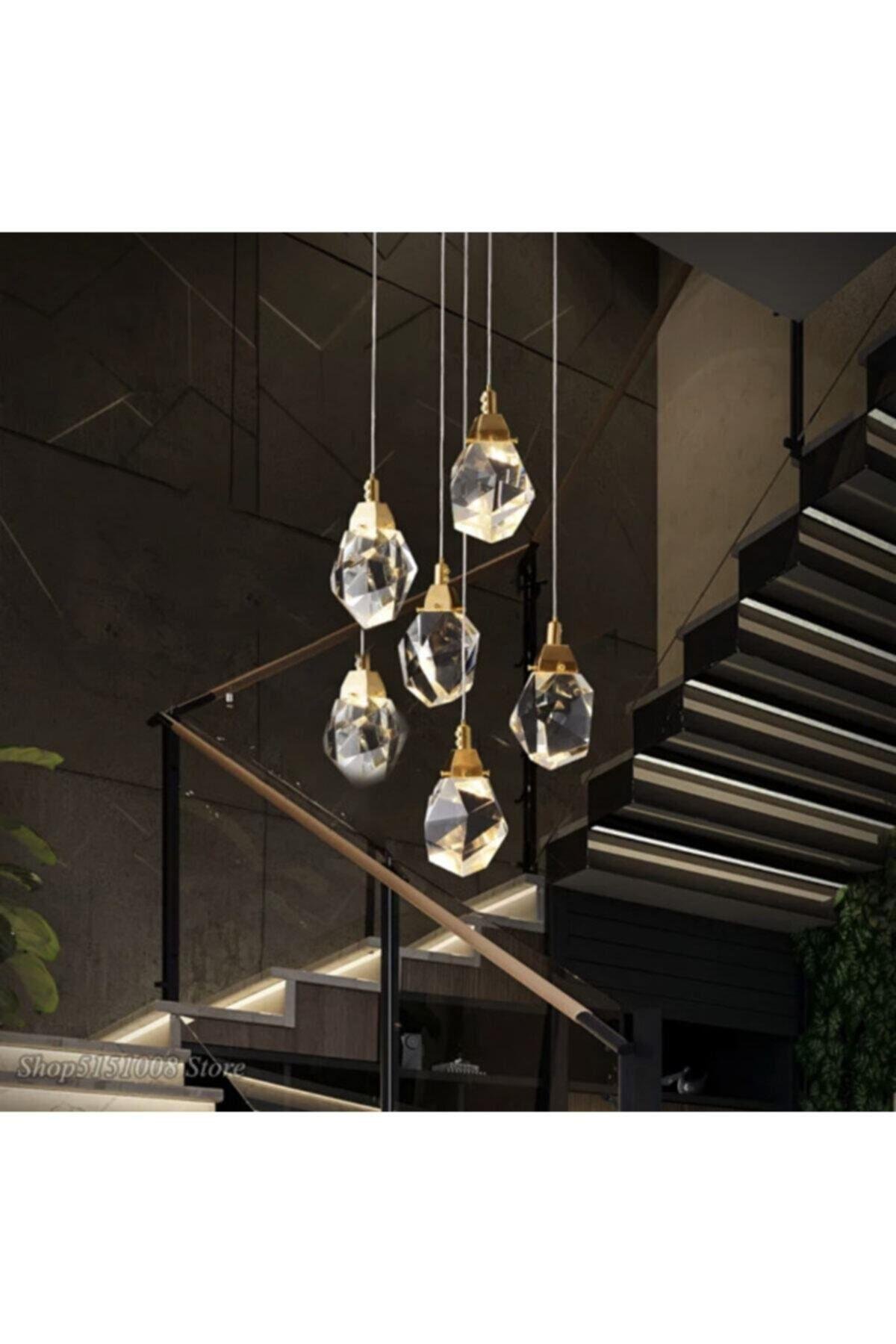 Gold Sarı Gün Işığı A+ Luxury Modern Kristalize Cam Sarkıt Altılı Power Led Avize
