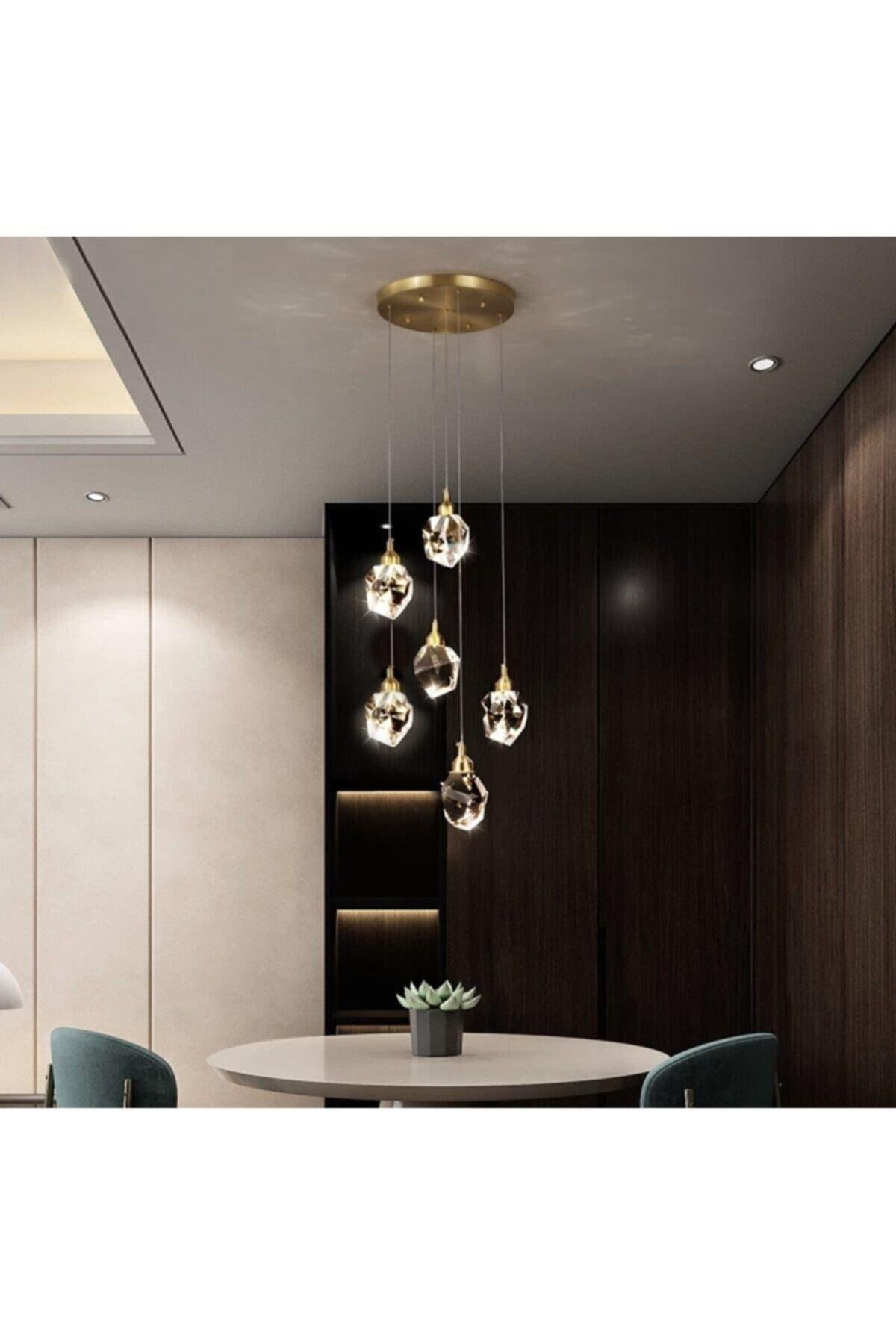 Gold Sarı Gün Işığı A+ Luxury Modern Kristalize Cam Sarkıt Altılı Power Led Avize