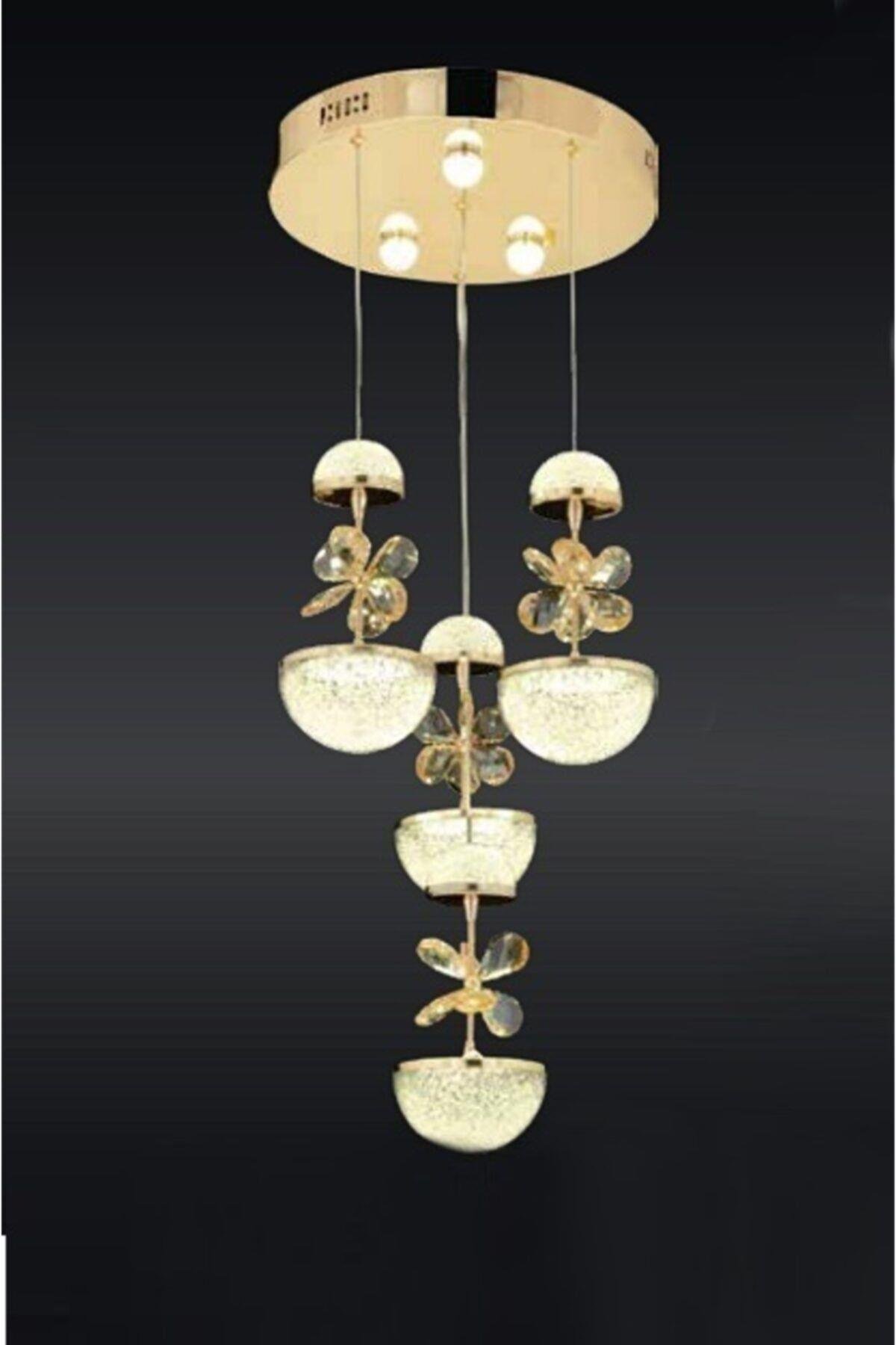 Gold Sarı Luxury Modern Sarkıt Kelebek Taşlı Dörtlü Led Avize