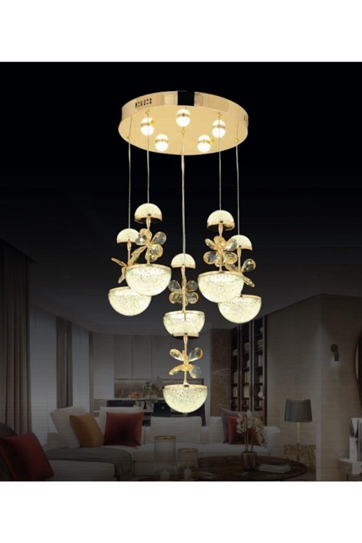 Gold Sarı Luxury Modern Sarkıt Kelebek Taşlı Altılı Led Avize
