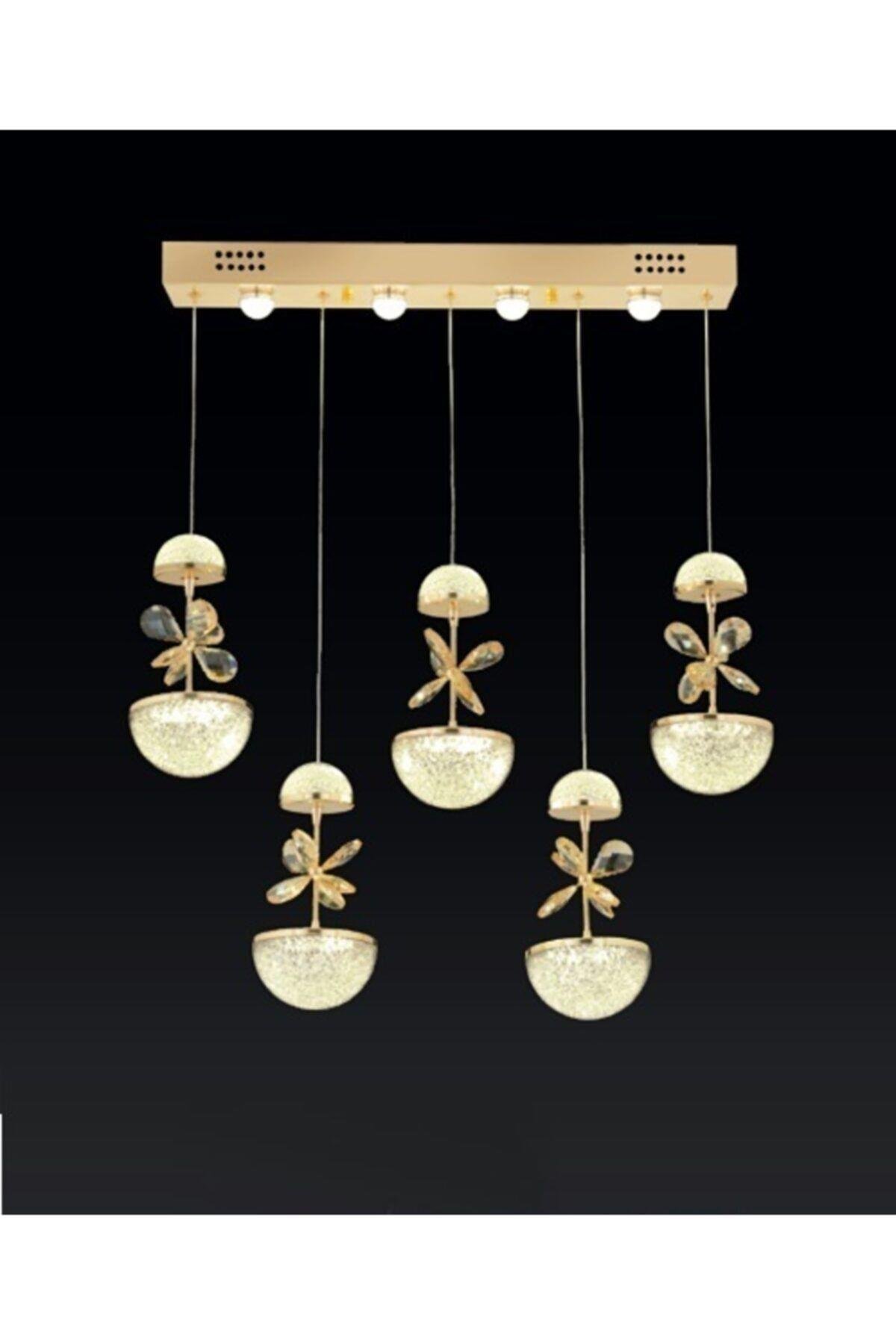 Gold Sarı Luxury Modern Sarkıt Kelebek Taşlı Beşli Sıralı Led Avize
