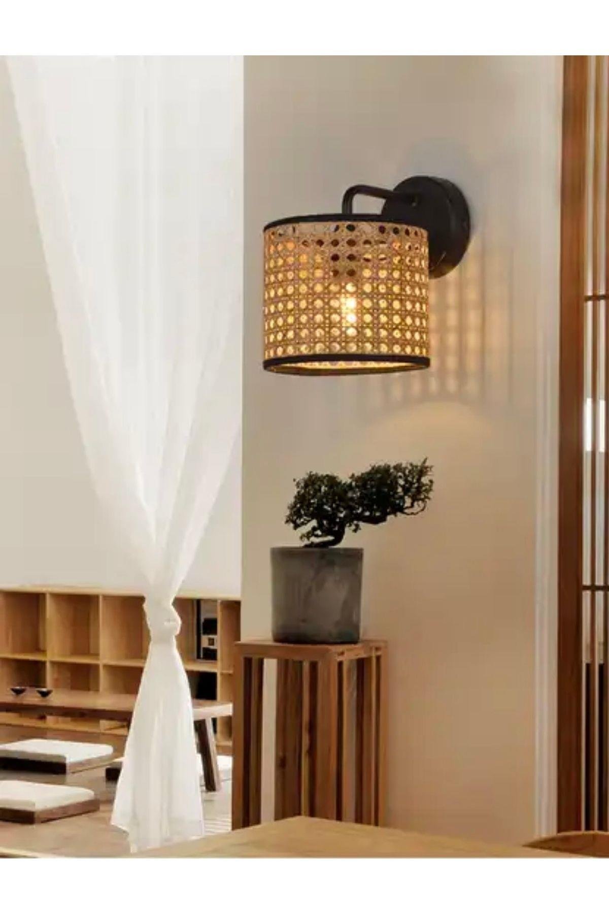 Hasır Aplik Modern İskandinav Tasarım Ferah Bambu Aplik Elektrik ile çalışır