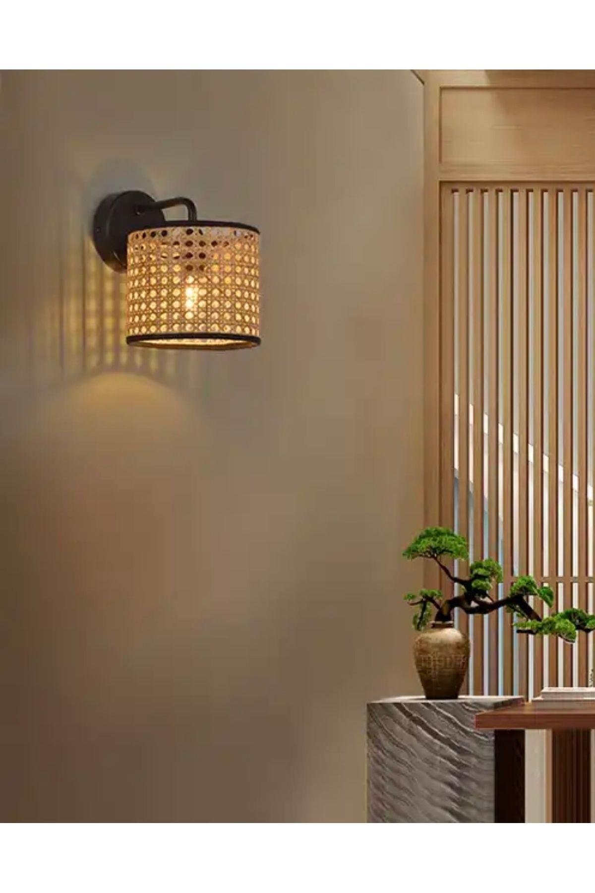 Hasır Aplik Modern İskandinav Tasarım Ferah Bambu Aplik Elektrik ile çalışır