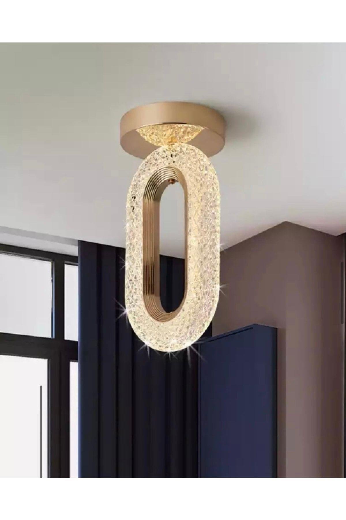 Kristal Ledli Avize Tavana Sıfır Gold Sarı Gövde Gün Işığı