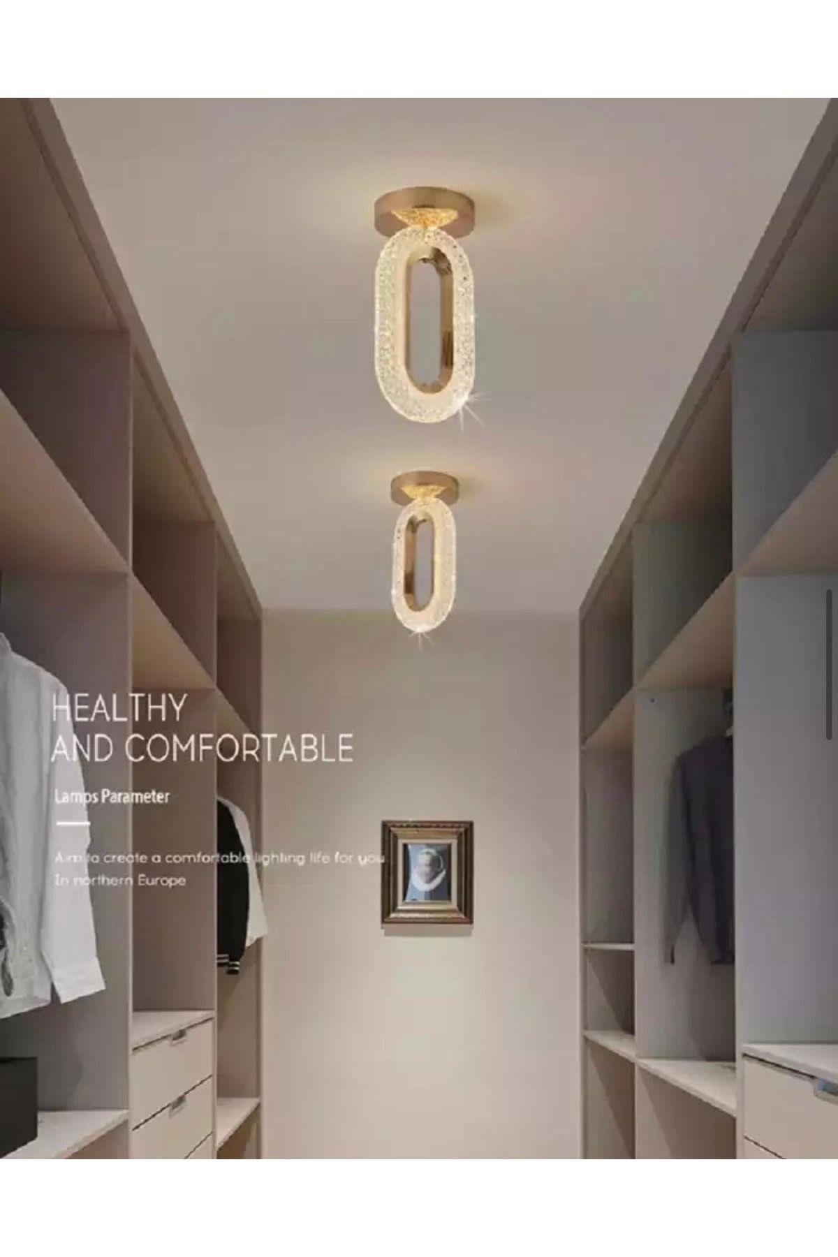 Kristal Ledli Avize Tavana Sıfır Gold Sarı Gövde Gün Işığı