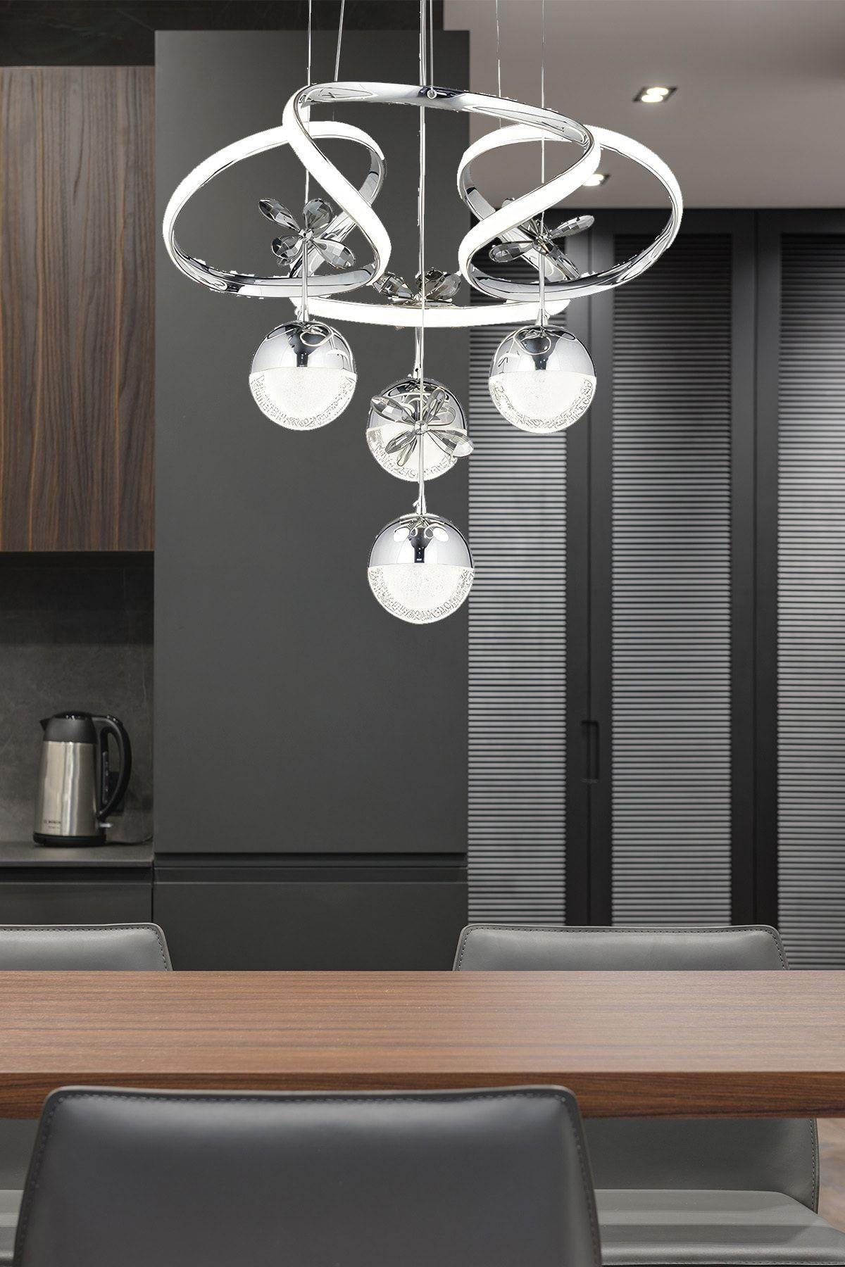 Lüks Modern Salon Mutfak Oturma Odası Avize Kristal Taşlı Led Avize Krom Ledli Avize