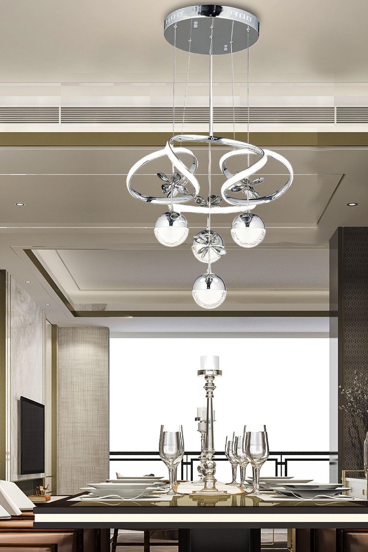 Lüks Modern Salon Mutfak Oturma Odası Avize Kristal Taşlı Led Avize Krom Ledli Avize