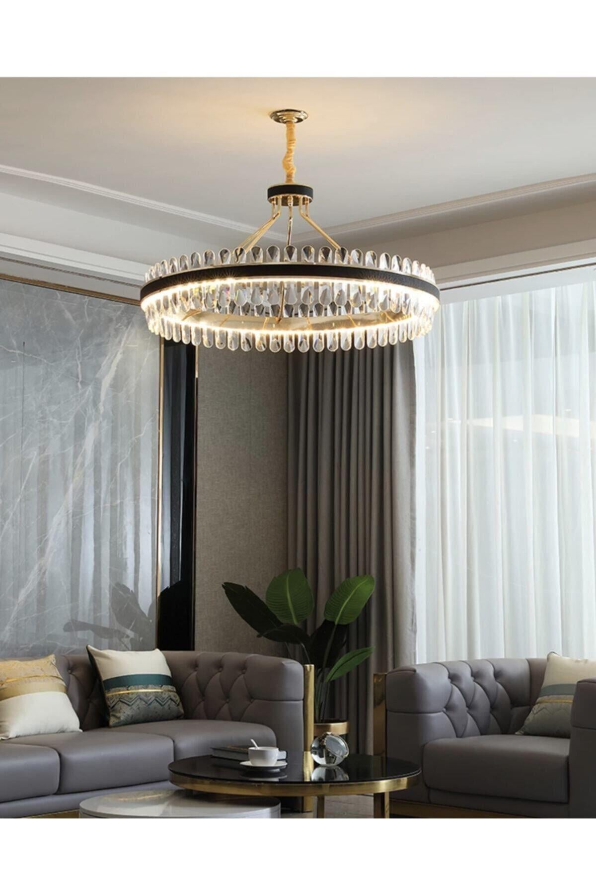 Lüks Modern Sarkıt Kristal Taşlı Led Avize Gold Sarı Kumandalı Kademeli 3 Renk Işık 55 Cm Çap