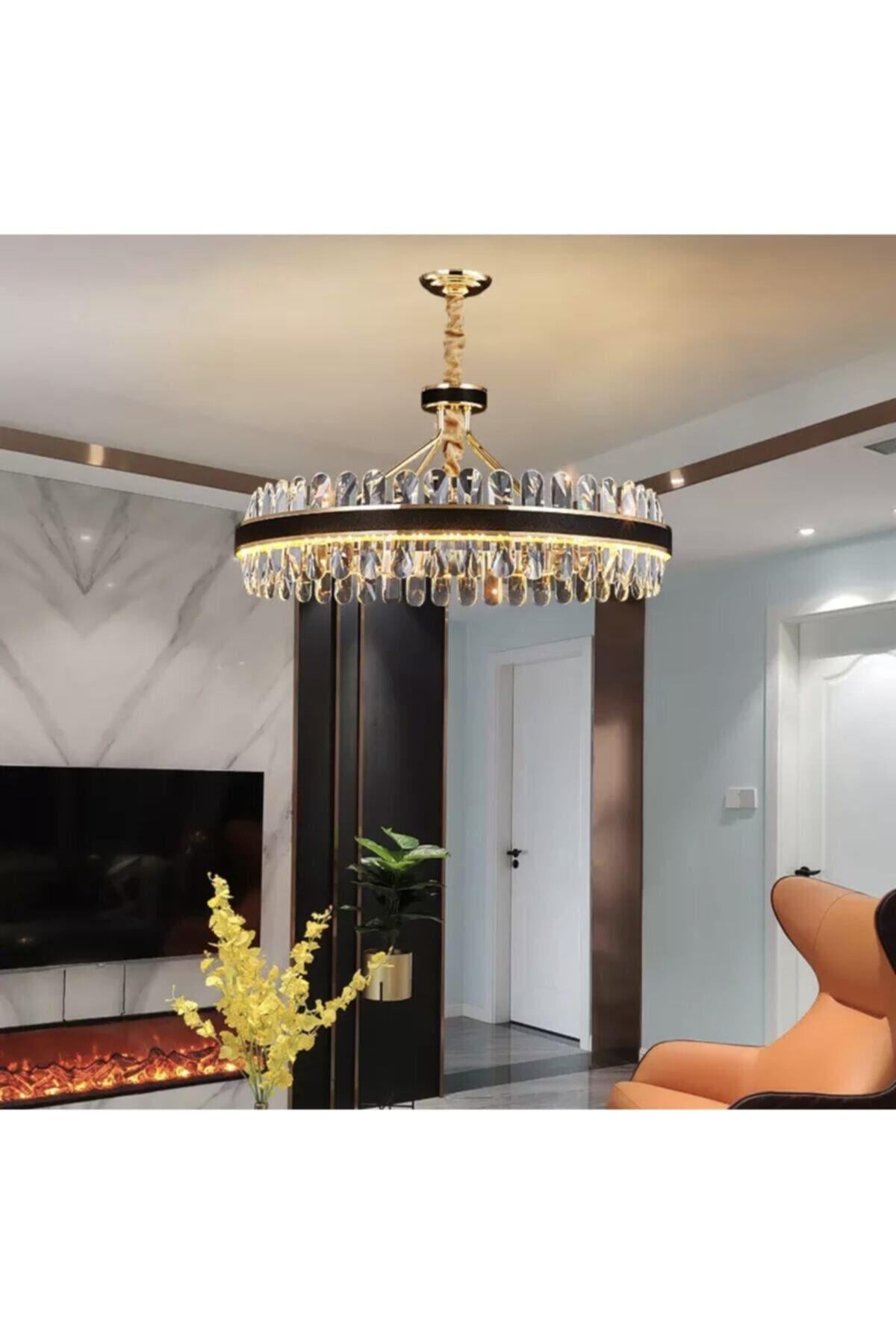 Lüks Modern Sarkıt Kristal Taşlı Led Avize Gold Sarı Kumandalı Kademeli 3 Renk Işık 55 Cm Çap